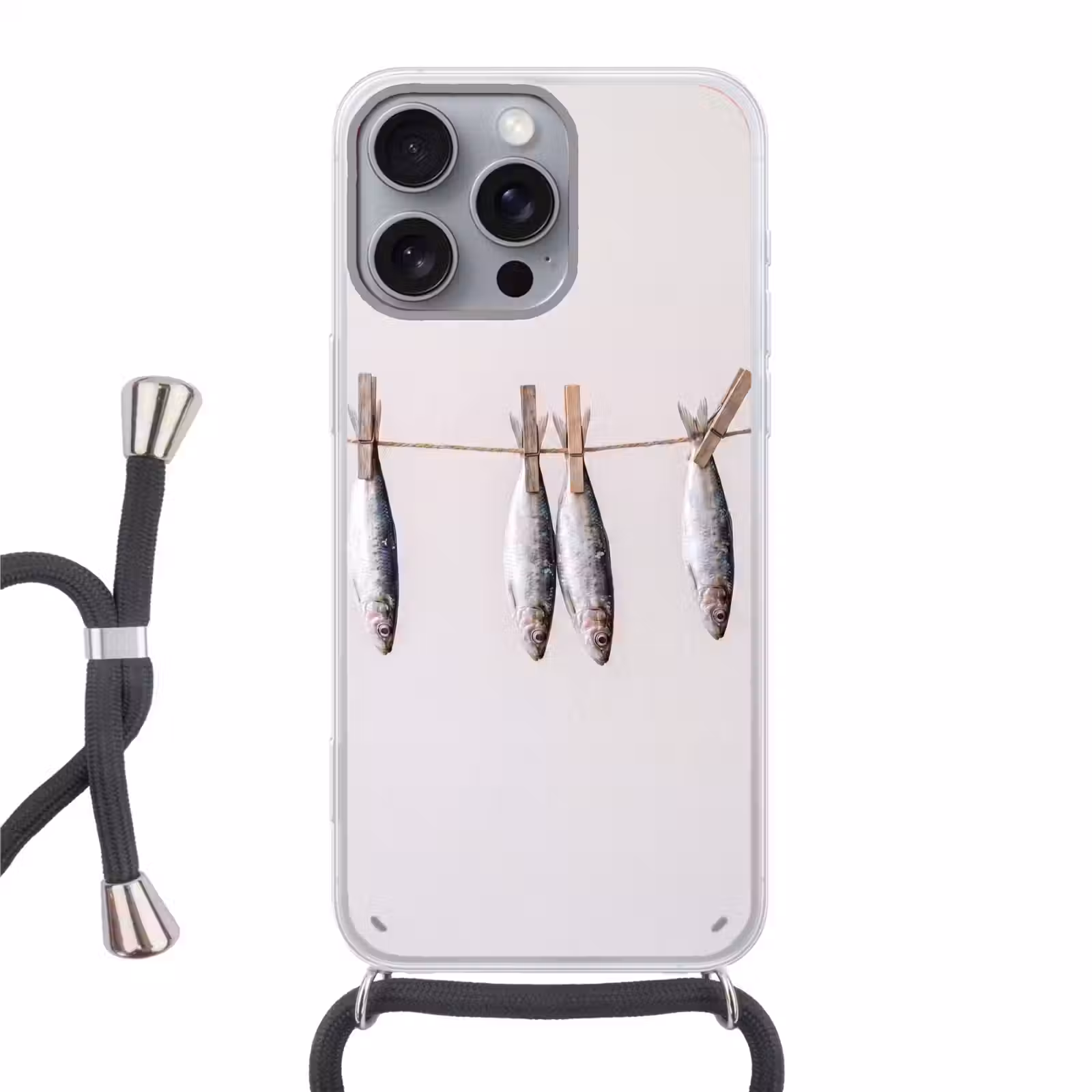 Phone case crossbody - Fish - Hanging - Food - Vis - Hangend - Eten Hoesje iPhone 16 Pro Max met koord klein