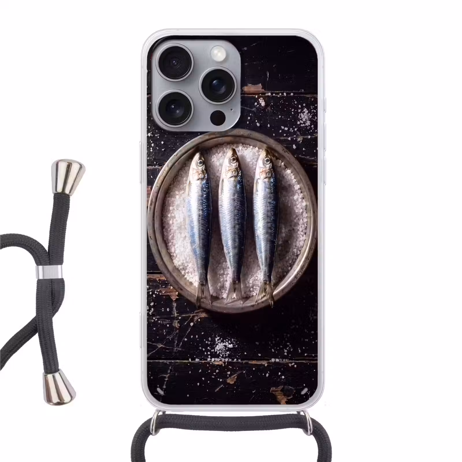 Phone case crossbody - Fish - Salt - Food - Vis - Zout - Eten Hoesje iPhone 16 Pro Max met koord klein