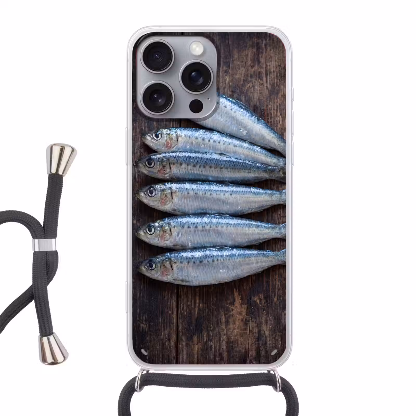 Phone case crossbody - Fish - Wood - Food - Vis - Hout - Eten Hoesje iPhone 16 Pro Max met koord klein