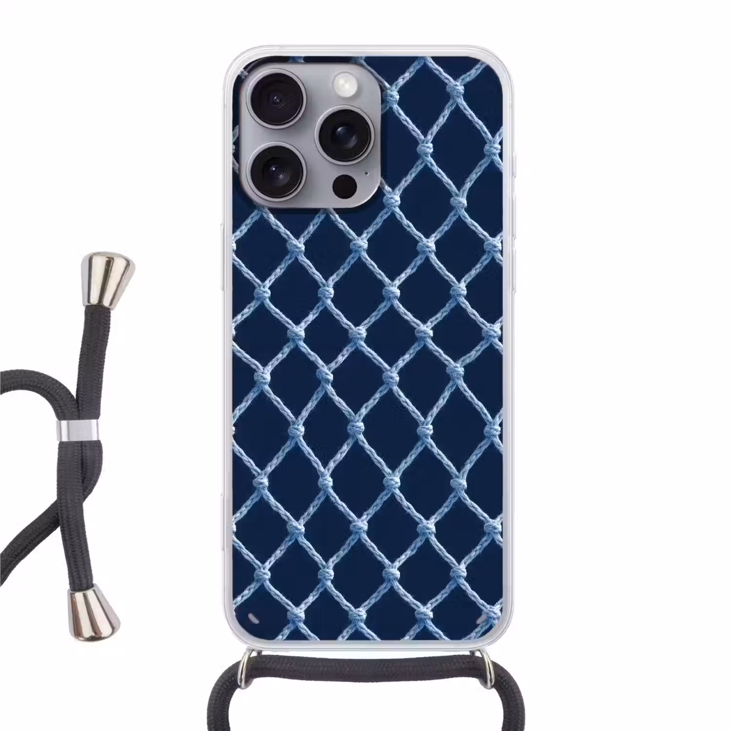 Visnet - Touw - Patroon - Marineblauw Hoesje iPhone 16 Pro Max met koord klein 804 -3d