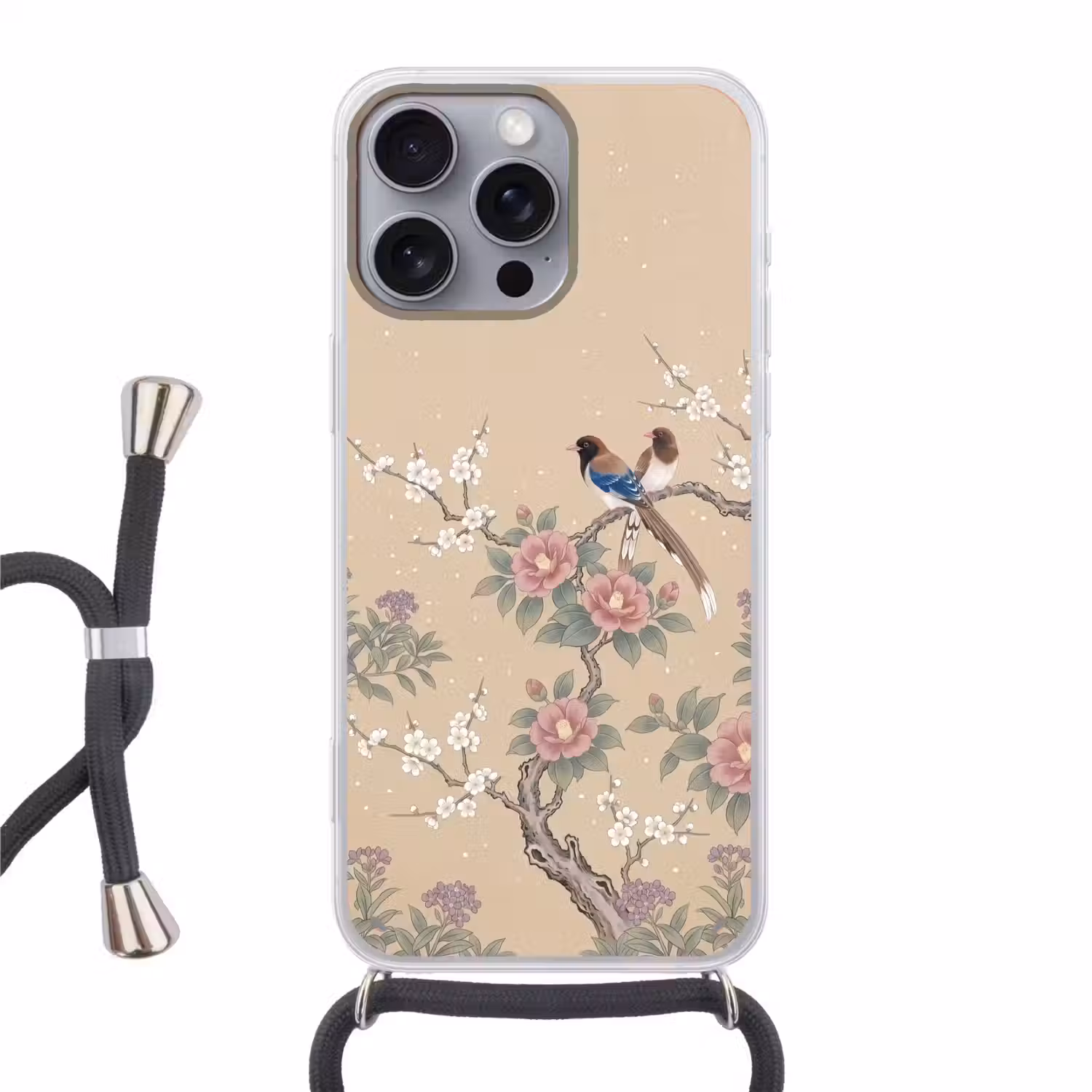 Bloemen - Vogels - Bloemen Hoesje iPhone 16 Pro Max met koord klein -3d