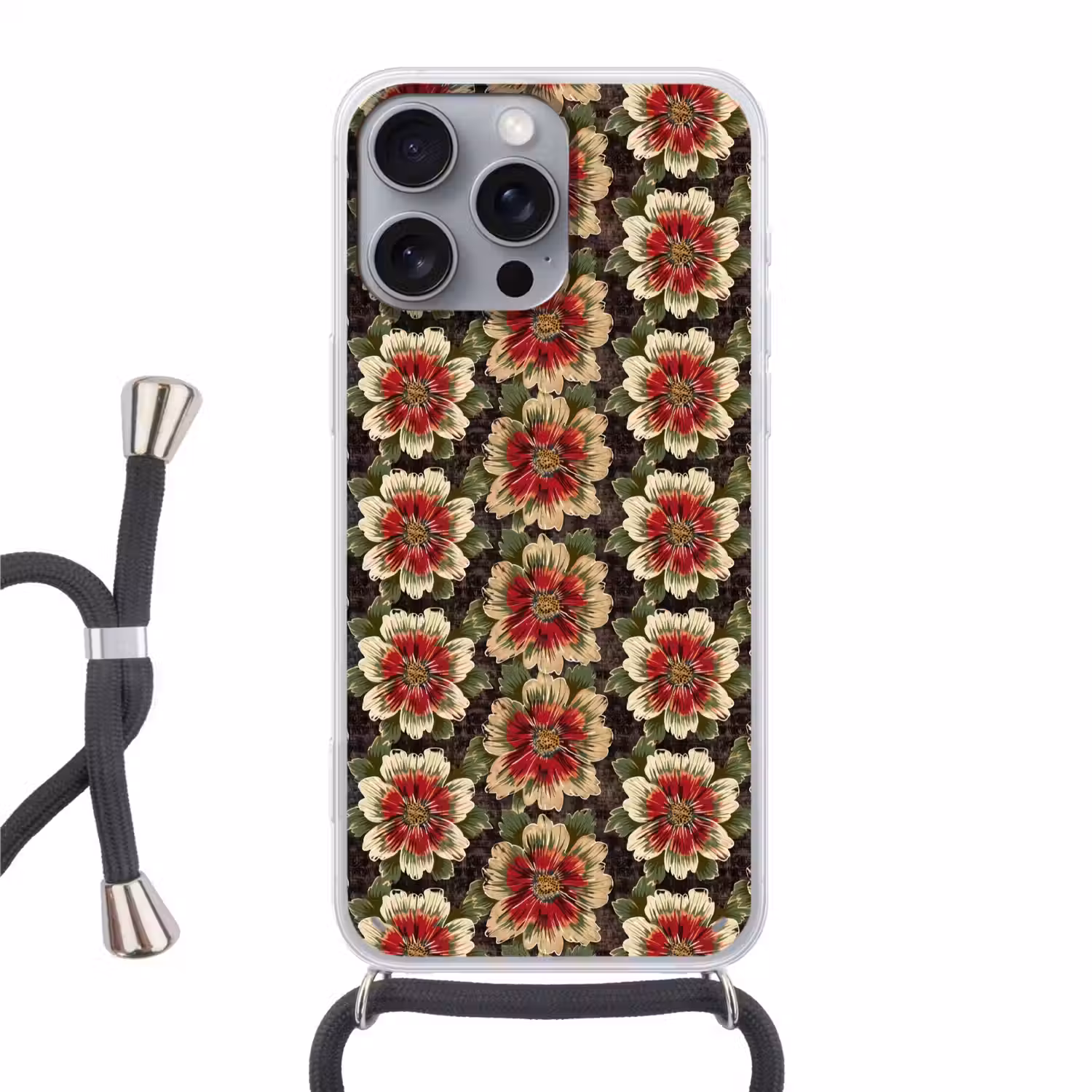 Bloemen - Klassiek - Patroon - Rood Hoesje iPhone 16 Pro Max met koord klein 804 -3d