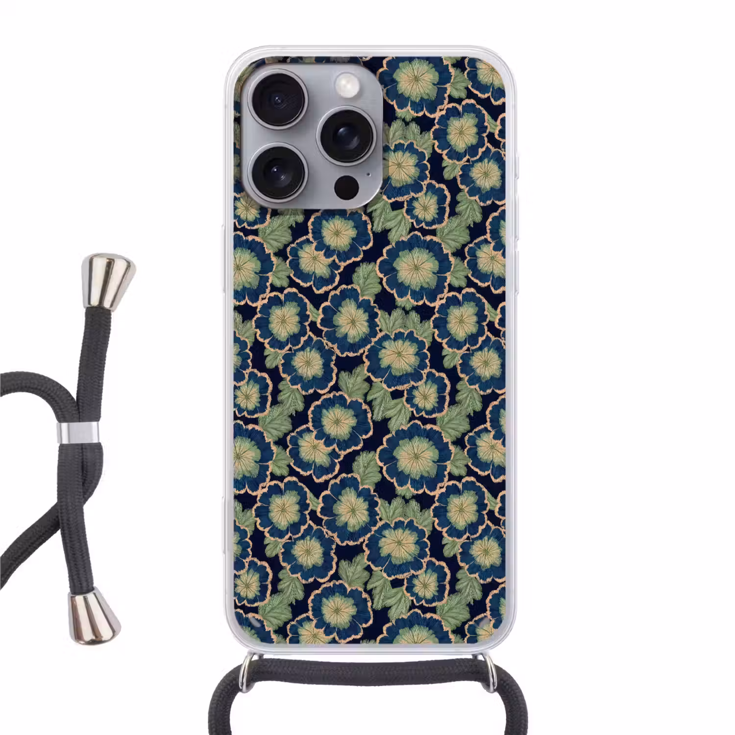 Bloemen - Borduurwerk - Patroon - Blauw - Groen Hoesje iPhone 16 Pro Max met koord klein 804 -3d