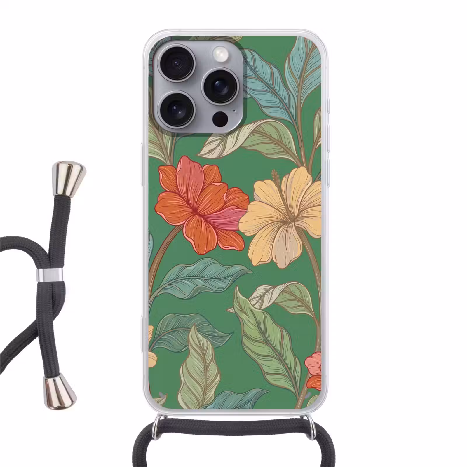 Phone case crossbody - Flowers - Greenery - Illustration - Bloemen - Groen - Illustratie Hoesje iPhone 16 Pro Max met koord klein