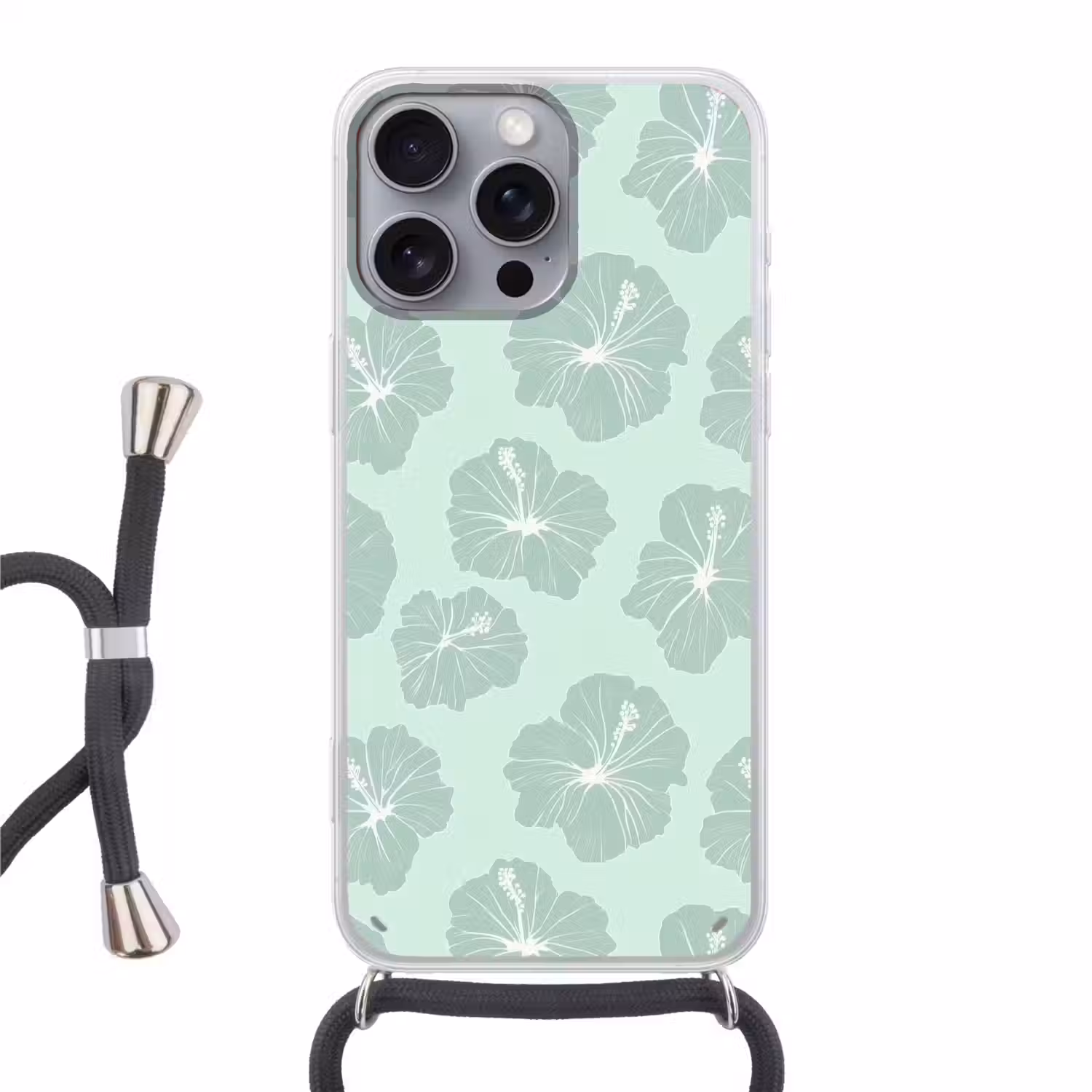 Bloemen - Hibiscus - Mint Hoesje iPhone 16 Pro Max met koord klein 804 -3d