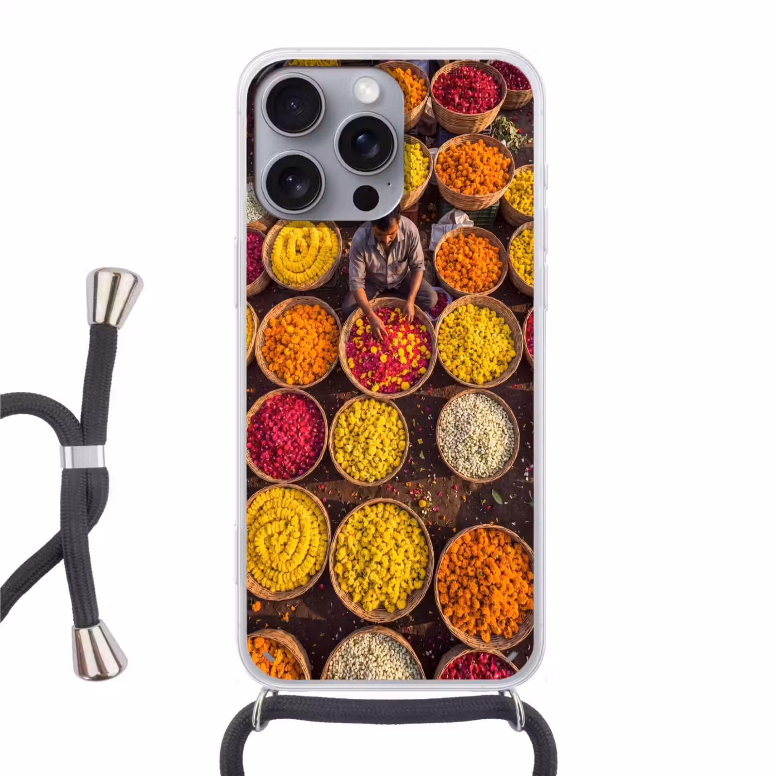 Phone case crossbody - Flowers - Market - Colorful - Bloemen - Markt - Kleurrijk Hoesje iPhone 16 Pro Max met koord klein