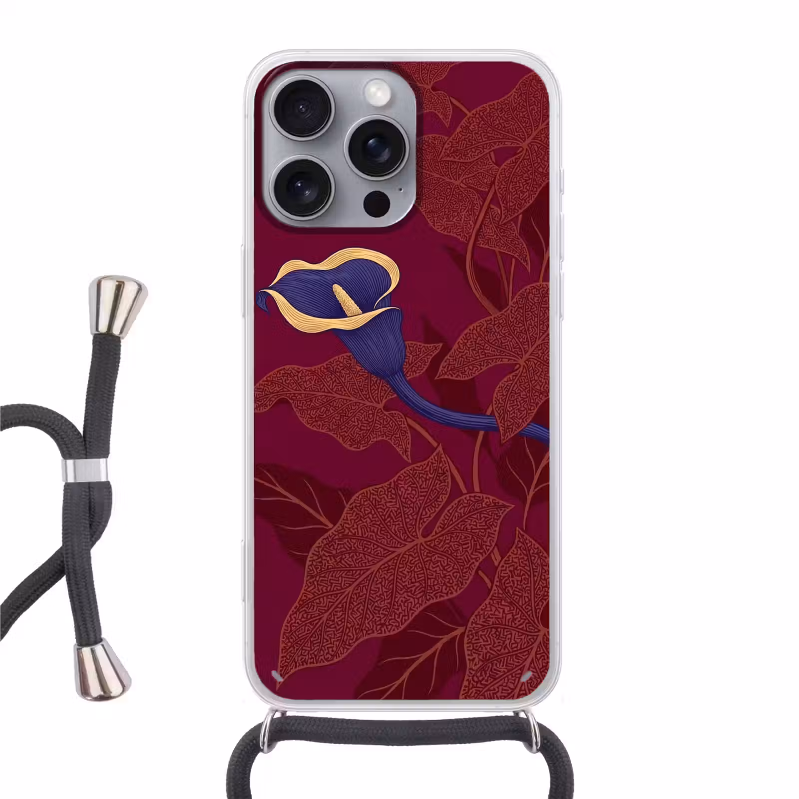 Phone case crossbody - Flowers - Modern - Purple - Bloemen - Modern - Paars Hoesje iPhone 16 Pro Max met koord klein