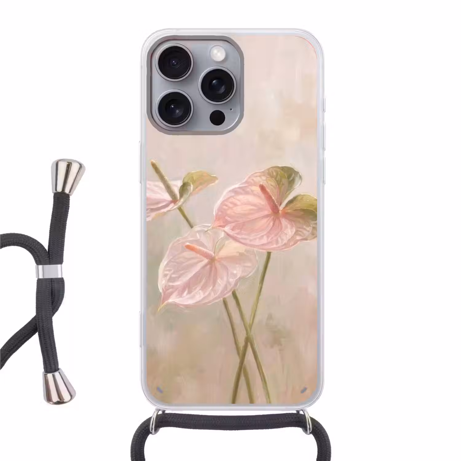 Bloemen - Pastel - Abstract - Natuur - Groen Hoesje iPhone 16 Pro Max met koord klein -3d