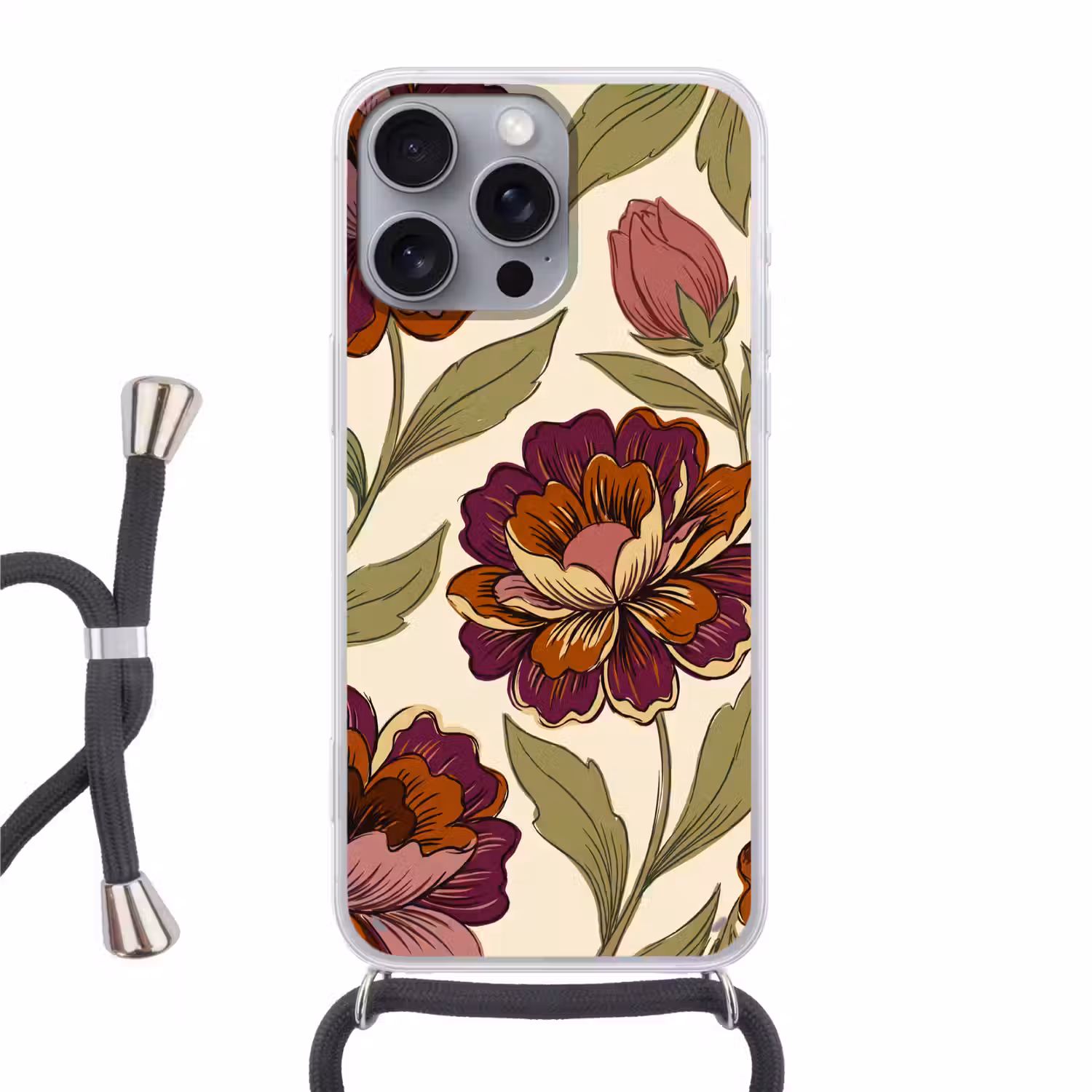 Bloemen - Patroon - Natuur - Modern - Paars Hoesje iPhone 16 Pro Max met koord klein -3d
