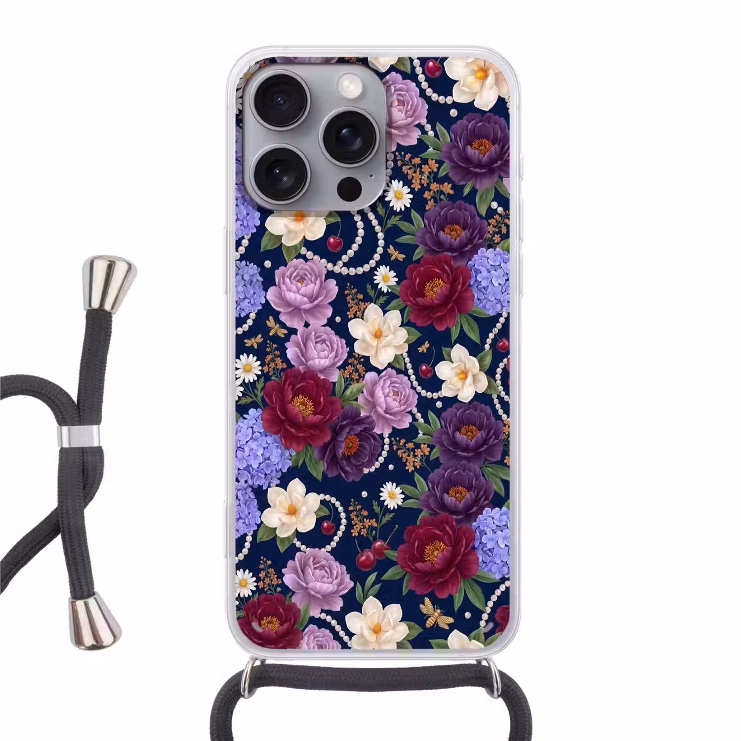 Bloemen - Parels - Decoratie - Modern - Blauw Hoesje iPhone 16 Pro Max met koord klein -3d