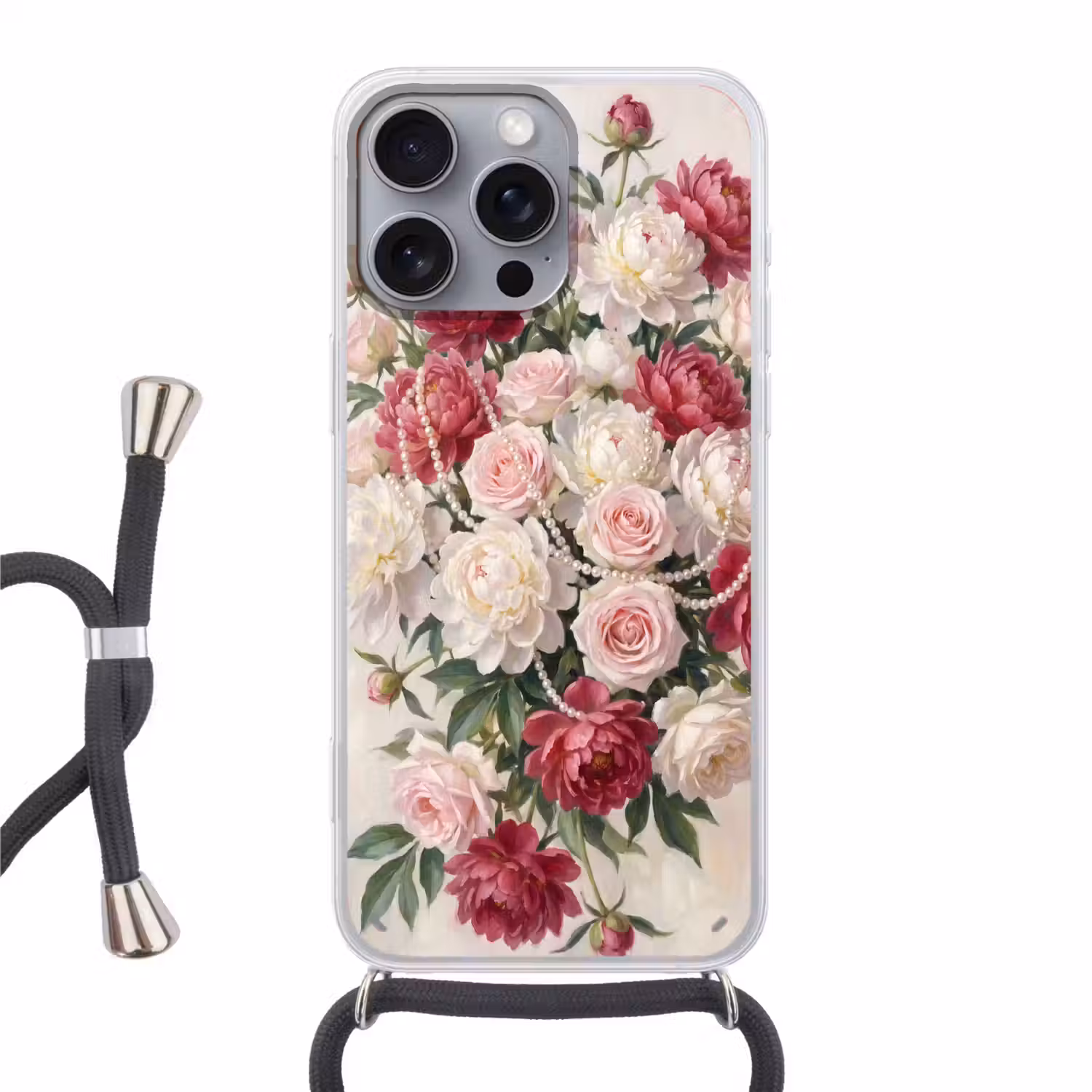 Bloemen - Parels - Romantiek - Klassiek - Roze Hoesje iPhone 16 Pro Max met koord klein -3d