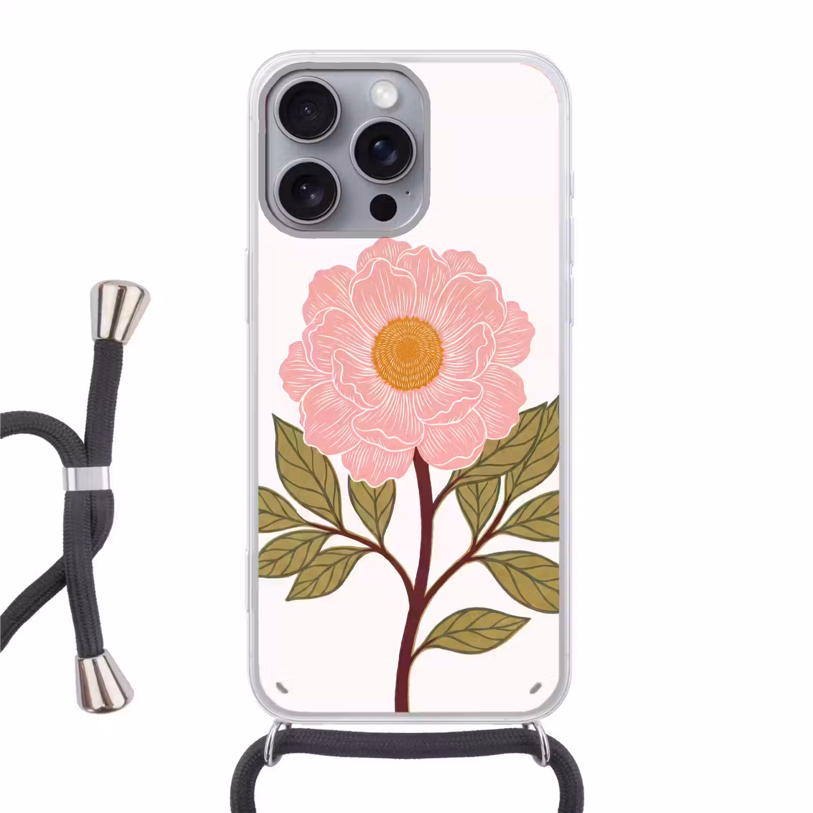 Phone case crossbody - Flowers - Pink - Illustration - Bloemen - Roze - Illustratie Hoesje iPhone 16 Pro Max met koord klein