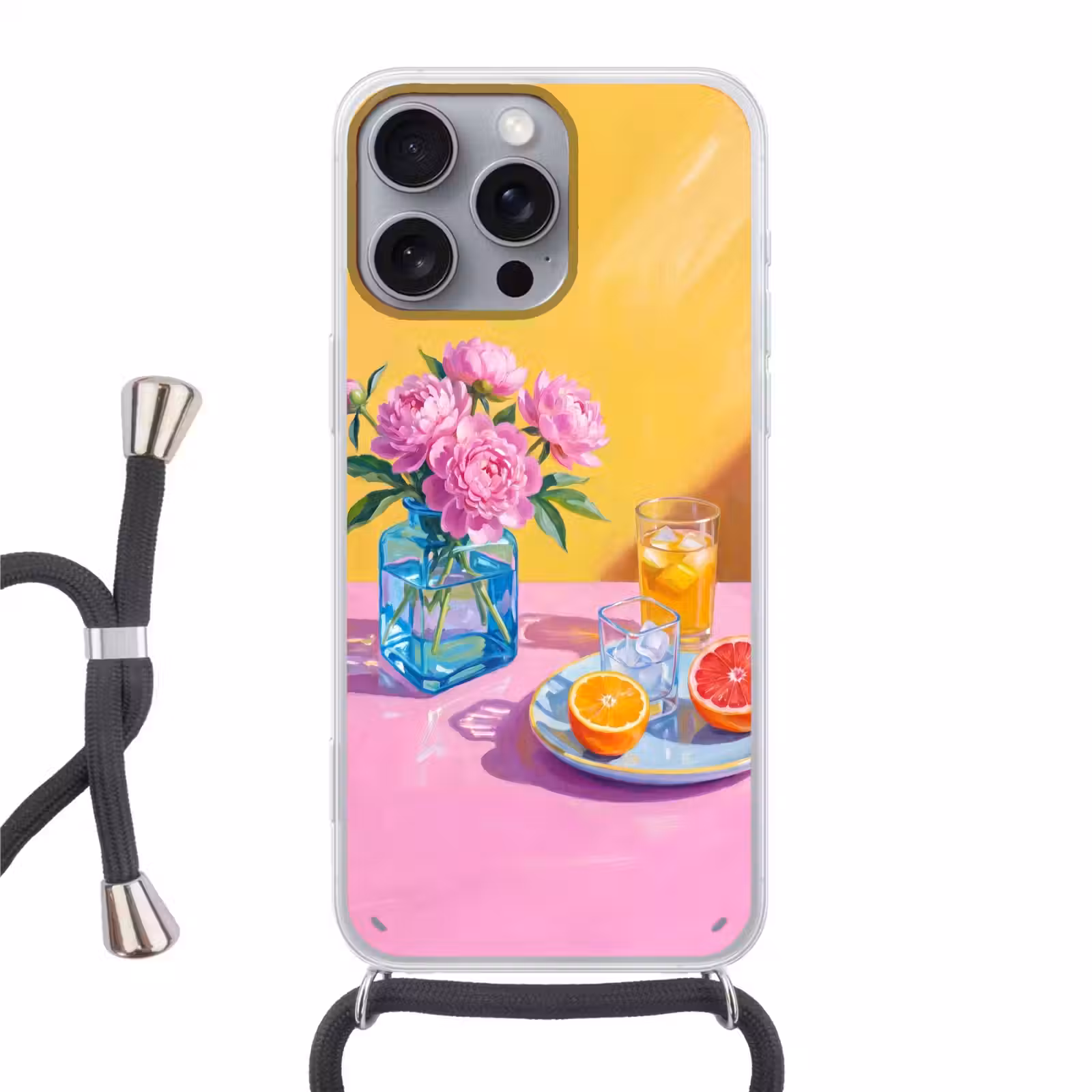 Phone case crossbody - Flowers - Pink - Modern - Bloemen - Roze - Modern Hoesje iPhone 16 Pro Max met koord klein