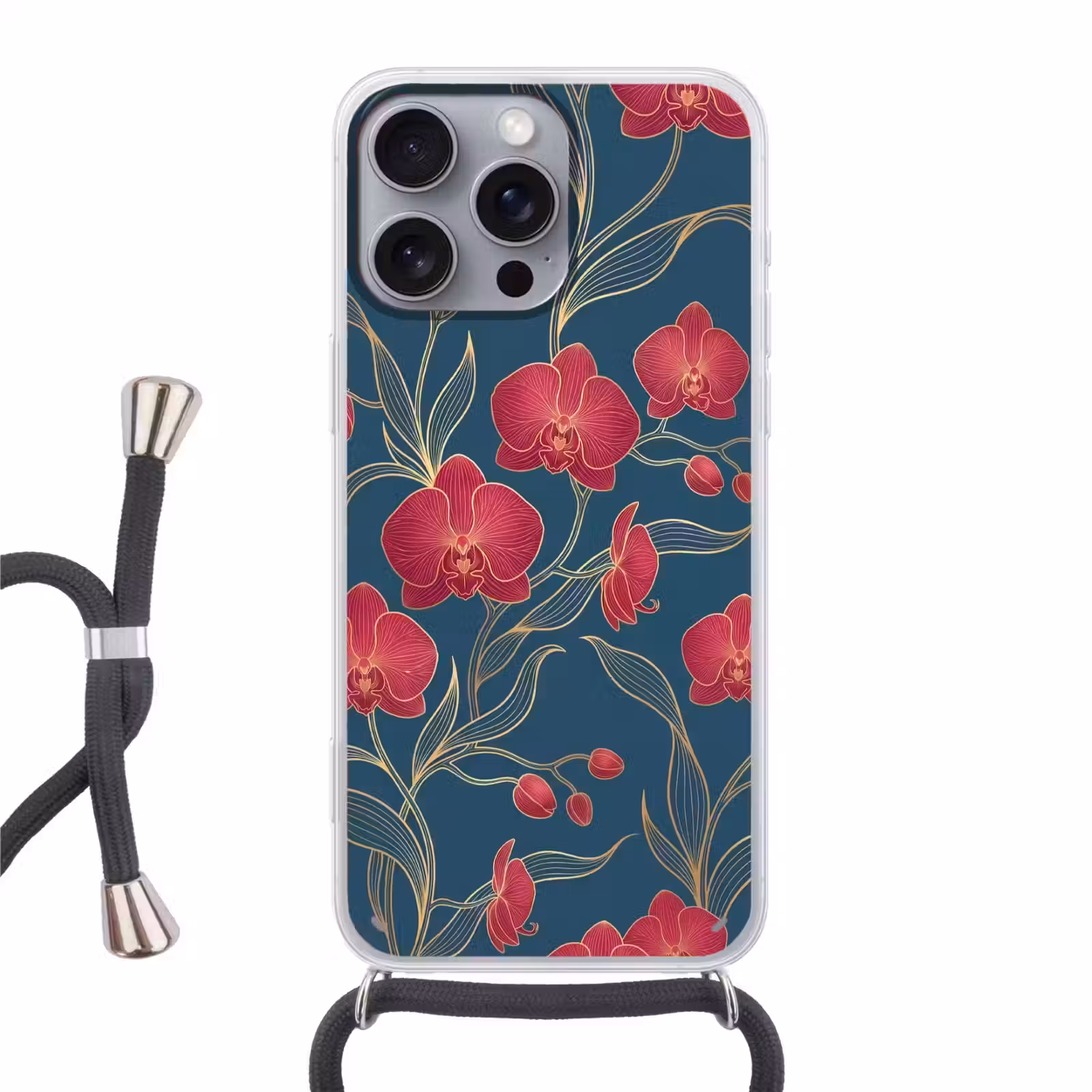 Phone case crossbody - Flowers - Red - Gold - Bloemen - Rood - Goud Hoesje iPhone 16 Pro Max met koord klein