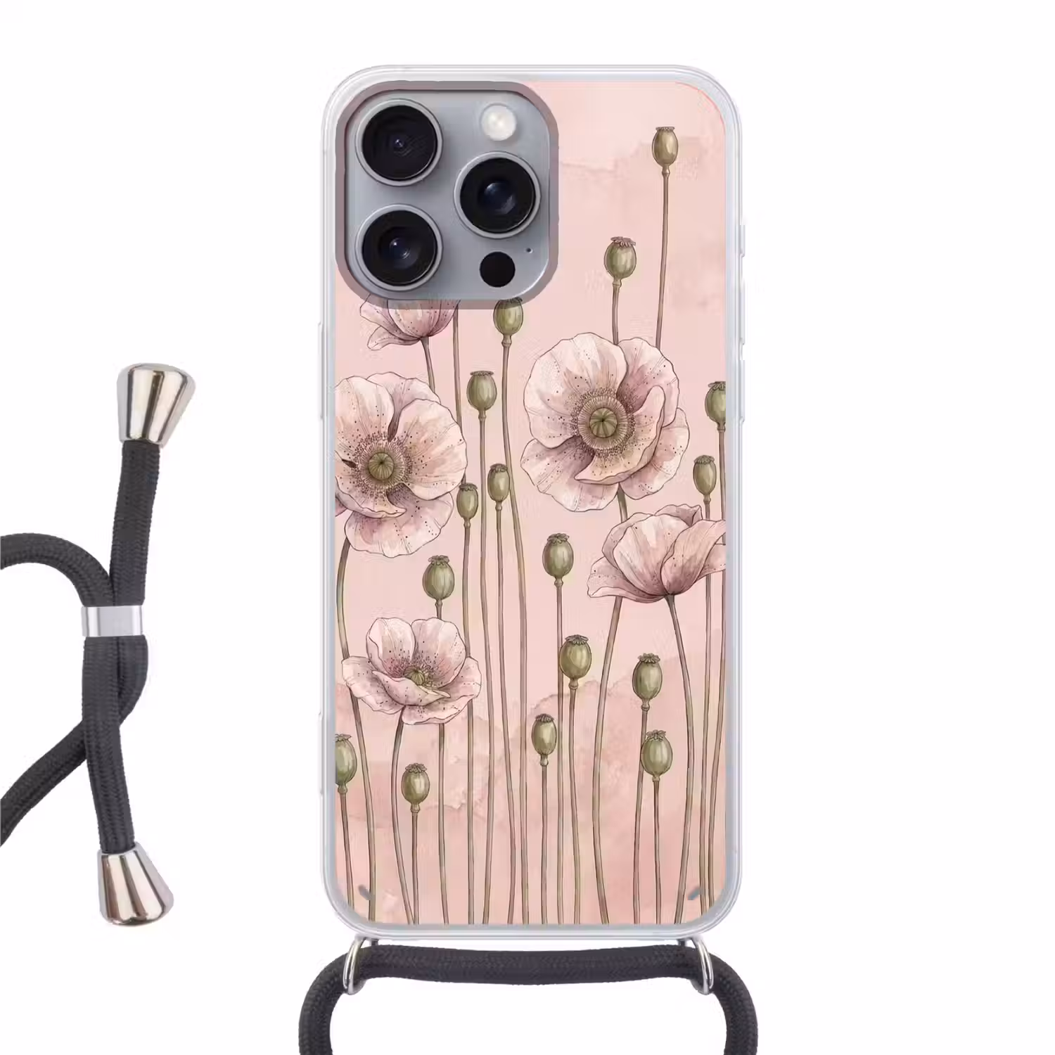 Bloemen - Zomer - Natuur - Aquarel - Roze Hoesje iPhone 16 Pro Max met koord klein -3d