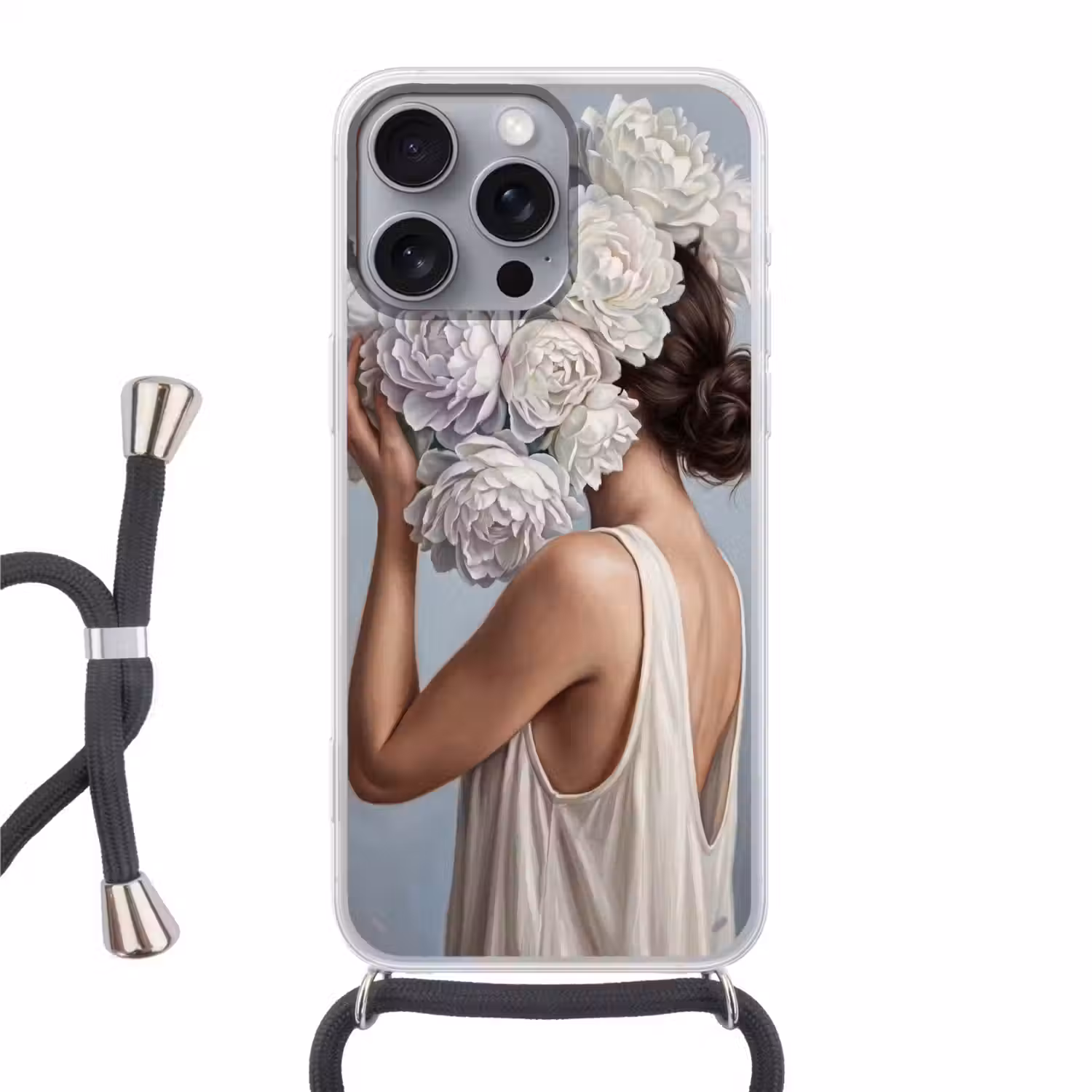 Bloemen - Vrouw - Wit Hoesje iPhone 16 Pro Max met koord klein -3d