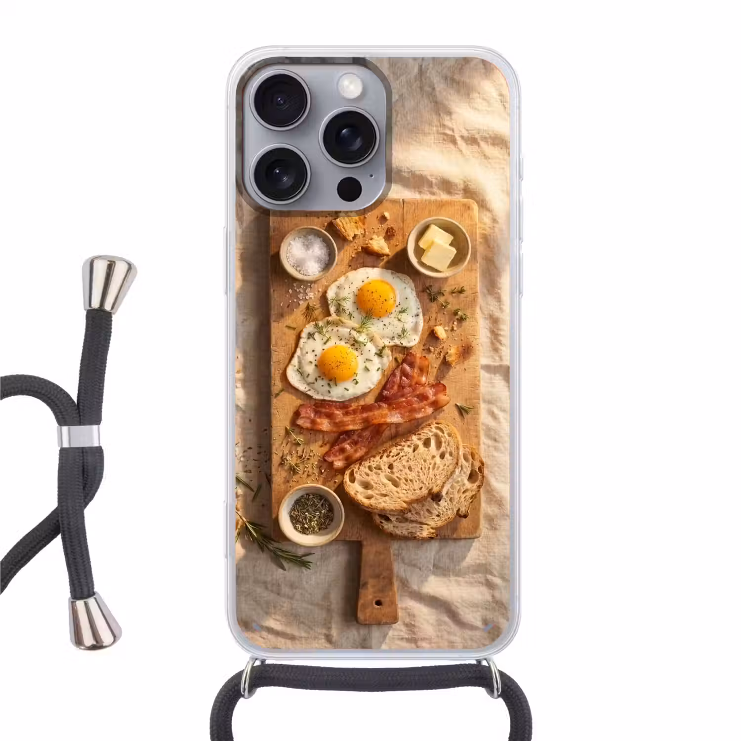 Eten - Ontbijt - Hout - Rustiek - Geel Hoesje iPhone 16 Pro Max met koord klein -3d