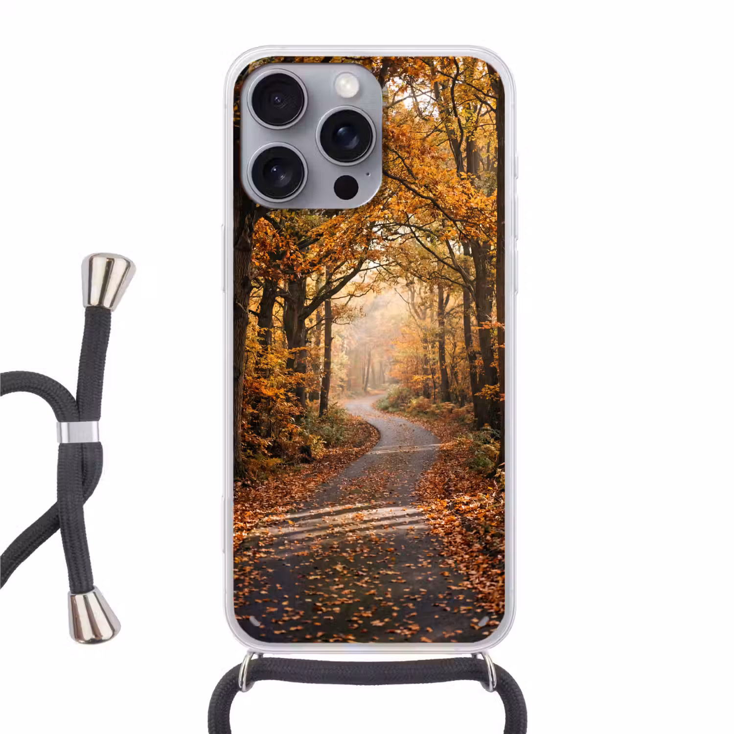 Bospad - Herfstbos - Bladeren - Oranje - Nostalgisch Hoesje iPhone 16 Pro Max met koord klein -3d