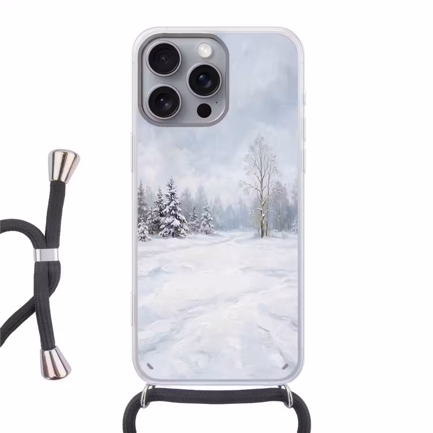 Bospad - Dennen - Sneeuw - Winter - Rustgevend Hoesje iPhone 16 Pro Max met koord klein -3d