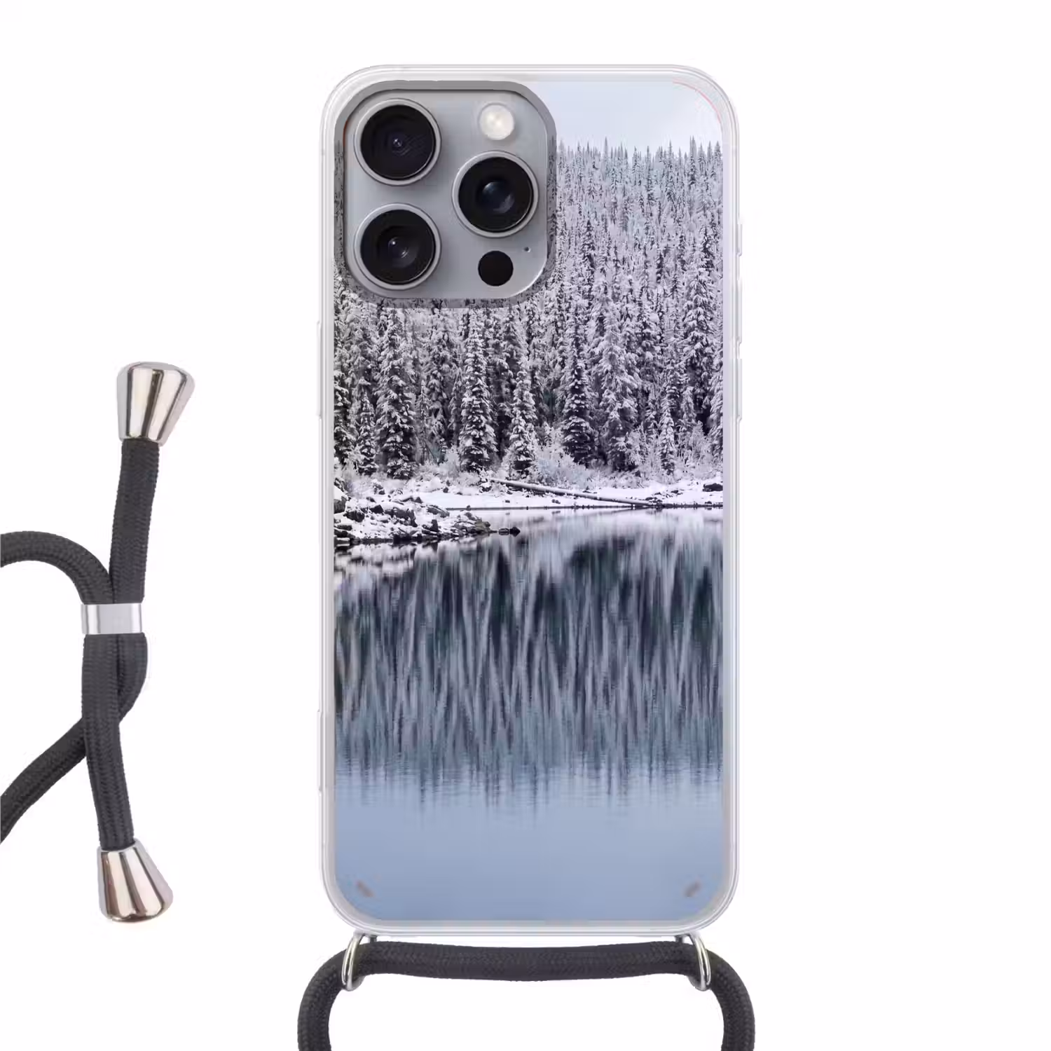 Bos - Reflectie - Meer - Winter - Serene Hoesje iPhone 16 Pro Max met koord klein -3d