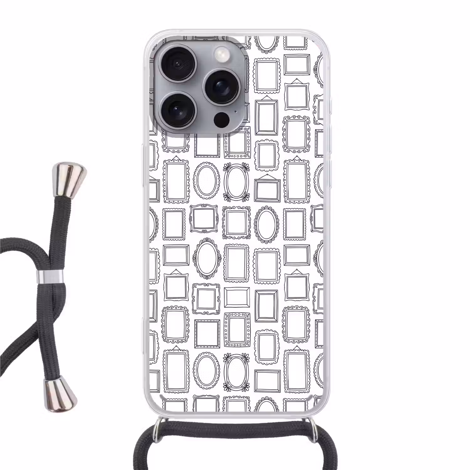 Lijsten - Patroon - Decoratie - Schets - Zwart-wit Hoesje iPhone 16 Pro Max met koord klein -3d