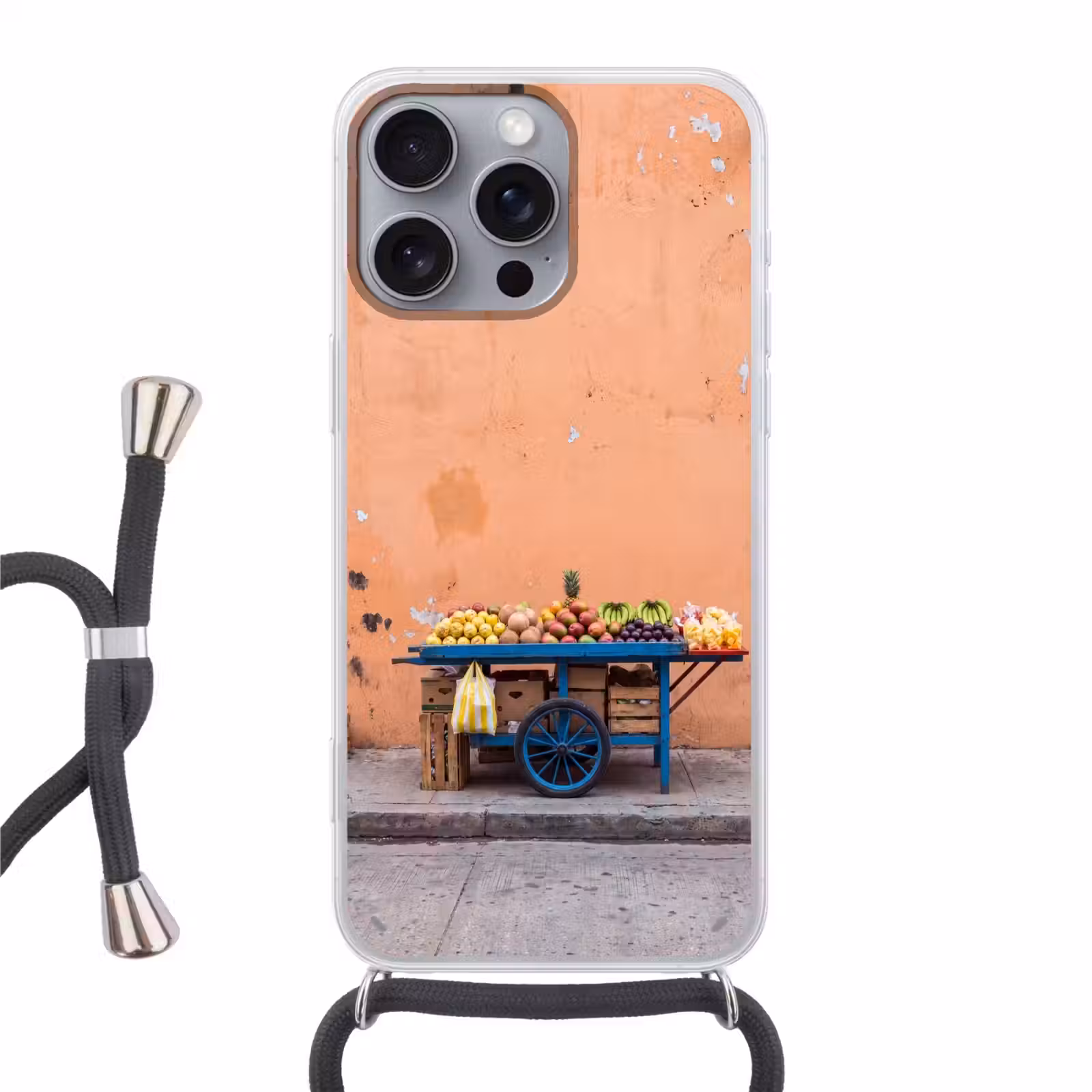 Phone case crossbody - Fruit - Cart - Street - Fruit - Kar - Straat Hoesje iPhone 16 Pro Max met koord klein