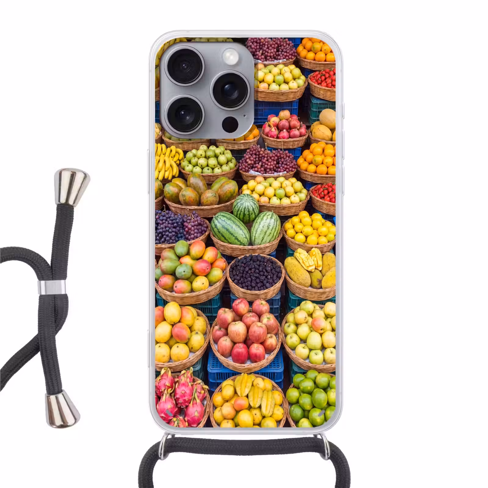 Phone case crossbody - Fruit - Market - Colorful - Fruit - Markt - Kleurrijk Hoesje iPhone 16 Pro Max met koord klein