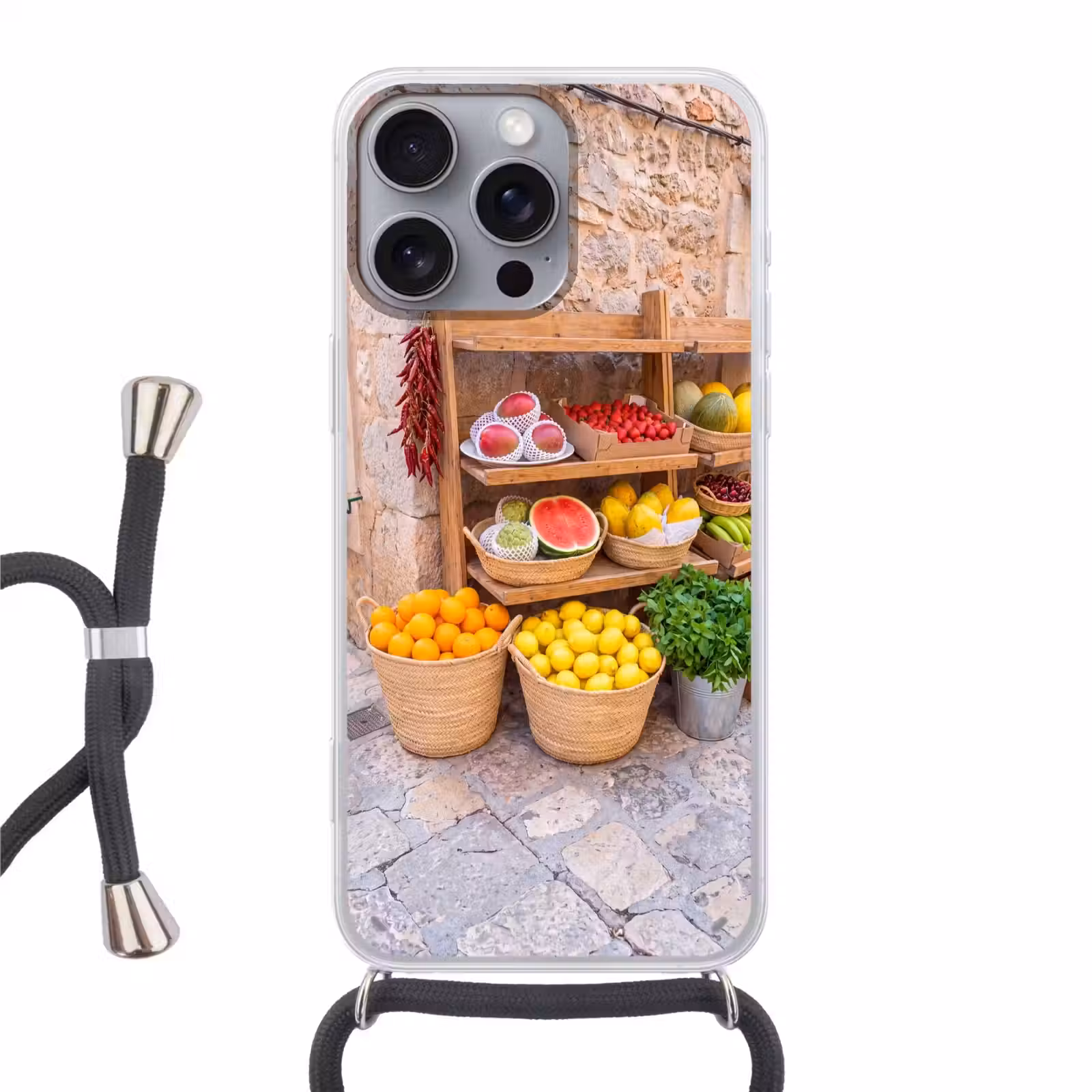 Phone case crossbody - Fruit - Market - Fresh - Fruit - Markt - Vers Hoesje iPhone 16 Pro Max met koord klein