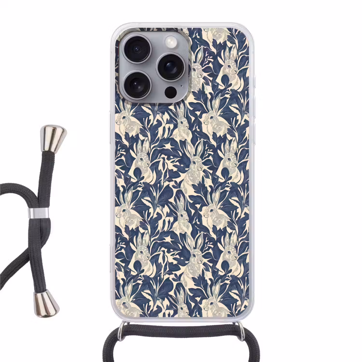 Hazen - Bladeren - Patroon - Blauw - Beige Hoesje iPhone 16 Pro Max met koord klein 804 -3d