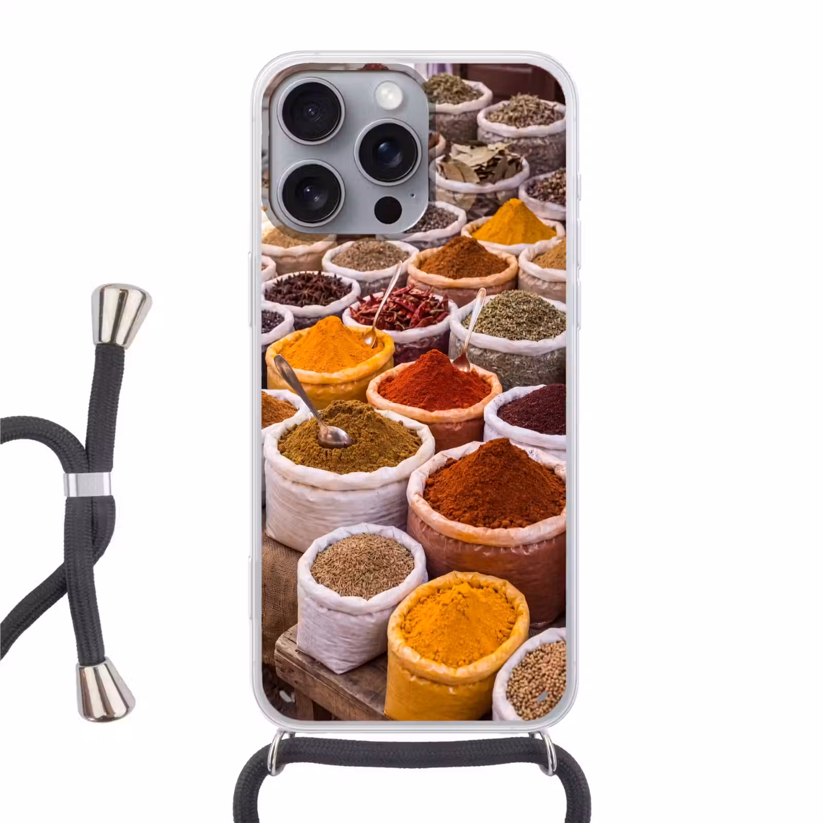 Phone case crossbody - Herbs - Market - Food - Kruiden - Markt - Eten Hoesje iPhone 16 Pro Max met koord klein