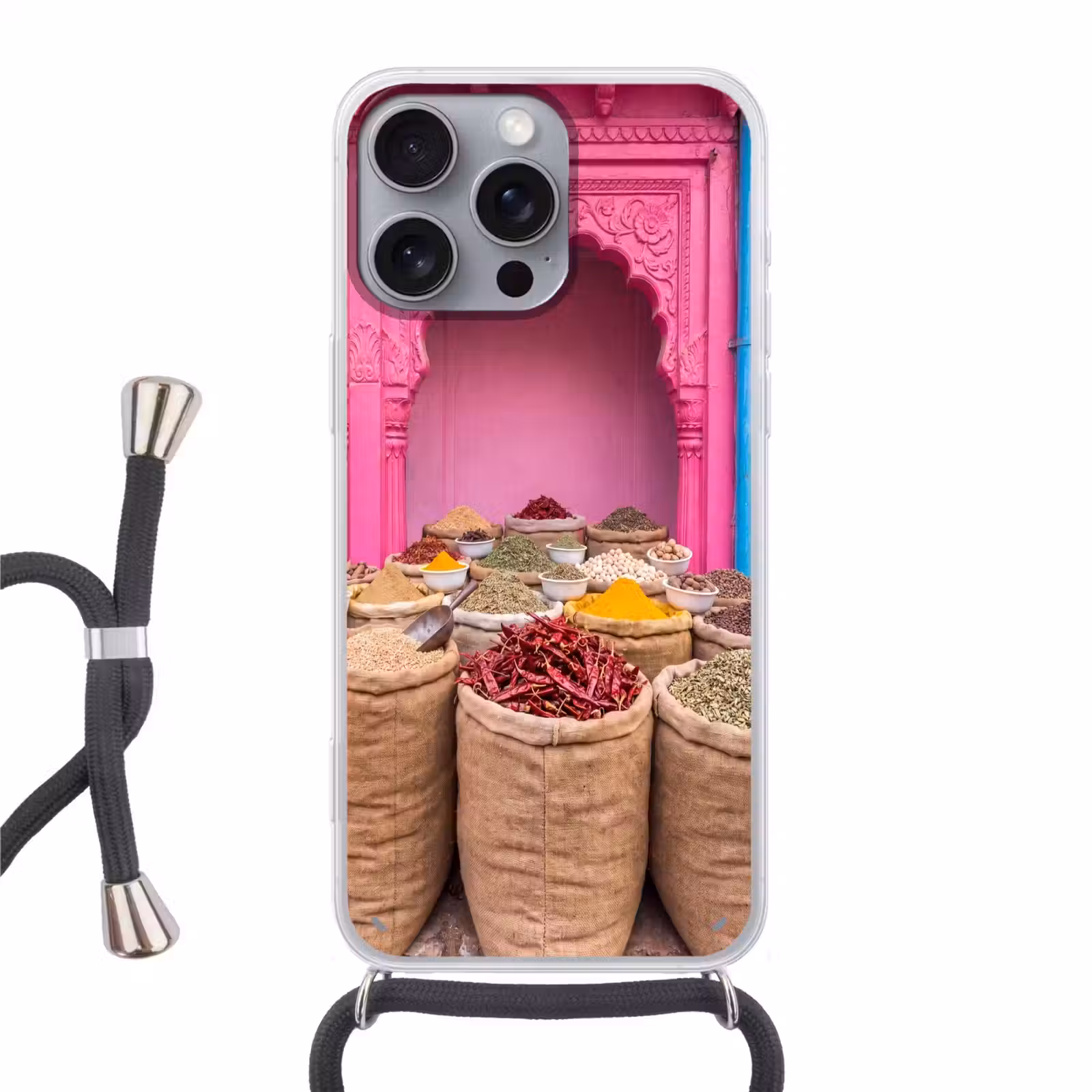 Phone case crossbody - Herbs - Market - Pink - Kruiden - Markt - Roze Hoesje iPhone 16 Pro Max met koord klein