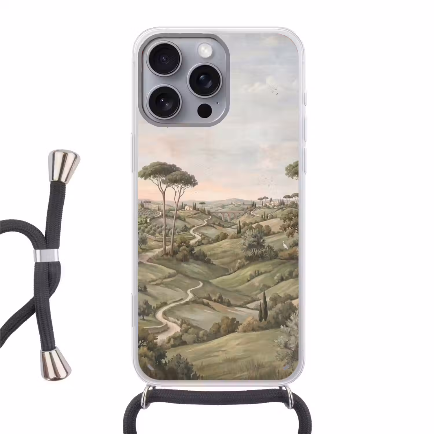 Landschap - Heuvels - Zandpad - Groen Hoesje iPhone 16 Pro Max met koord klein -3d