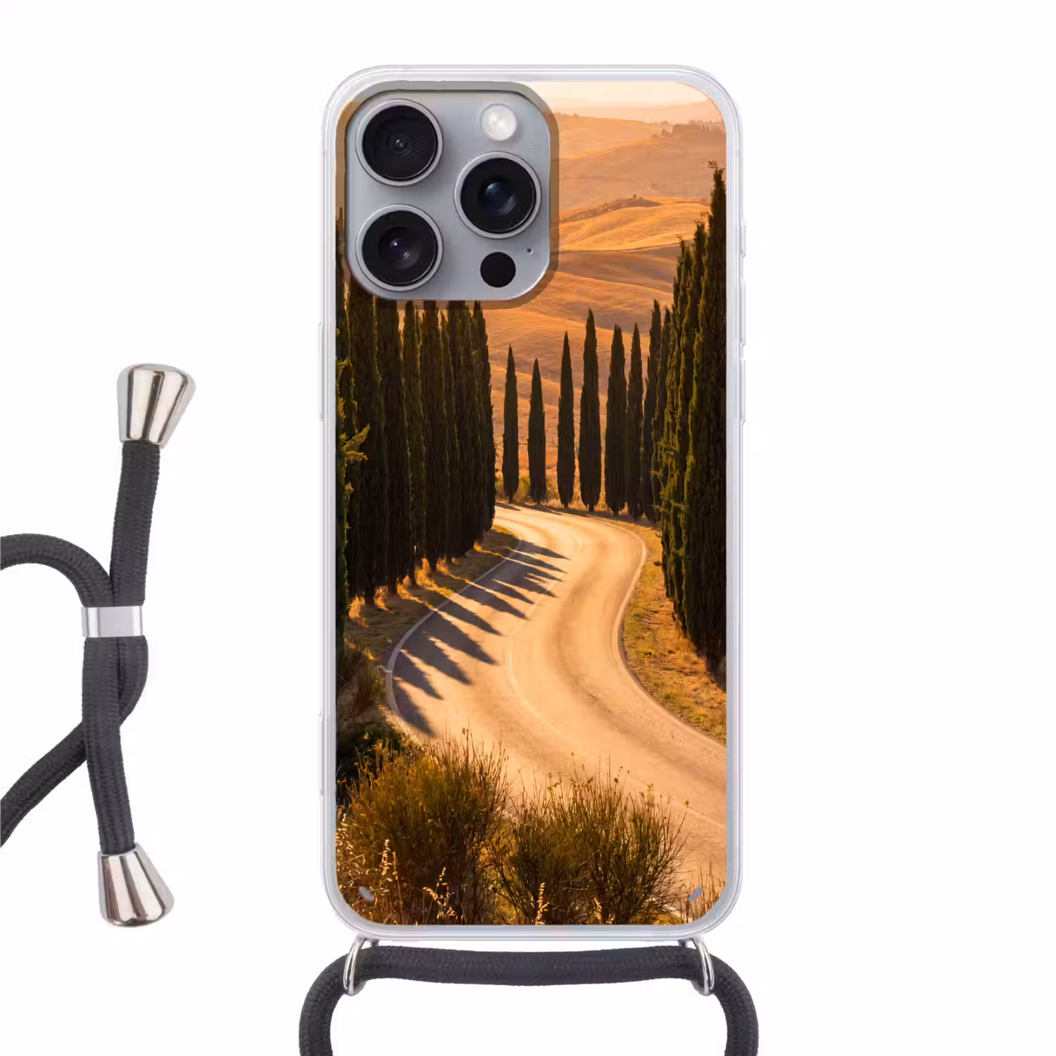Landschap - Weg - Bomen - Natuur - Goud Hoesje iPhone 16 Pro Max met koord klein -3d