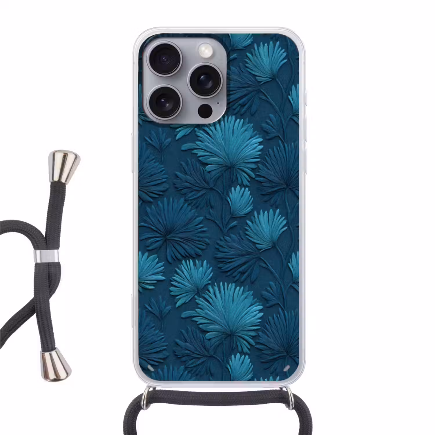 Bladeren - Reliëf - Patroon - Oceaanblauw - Modern Hoesje iPhone 16 Pro Max met koord klein 804 -3d
