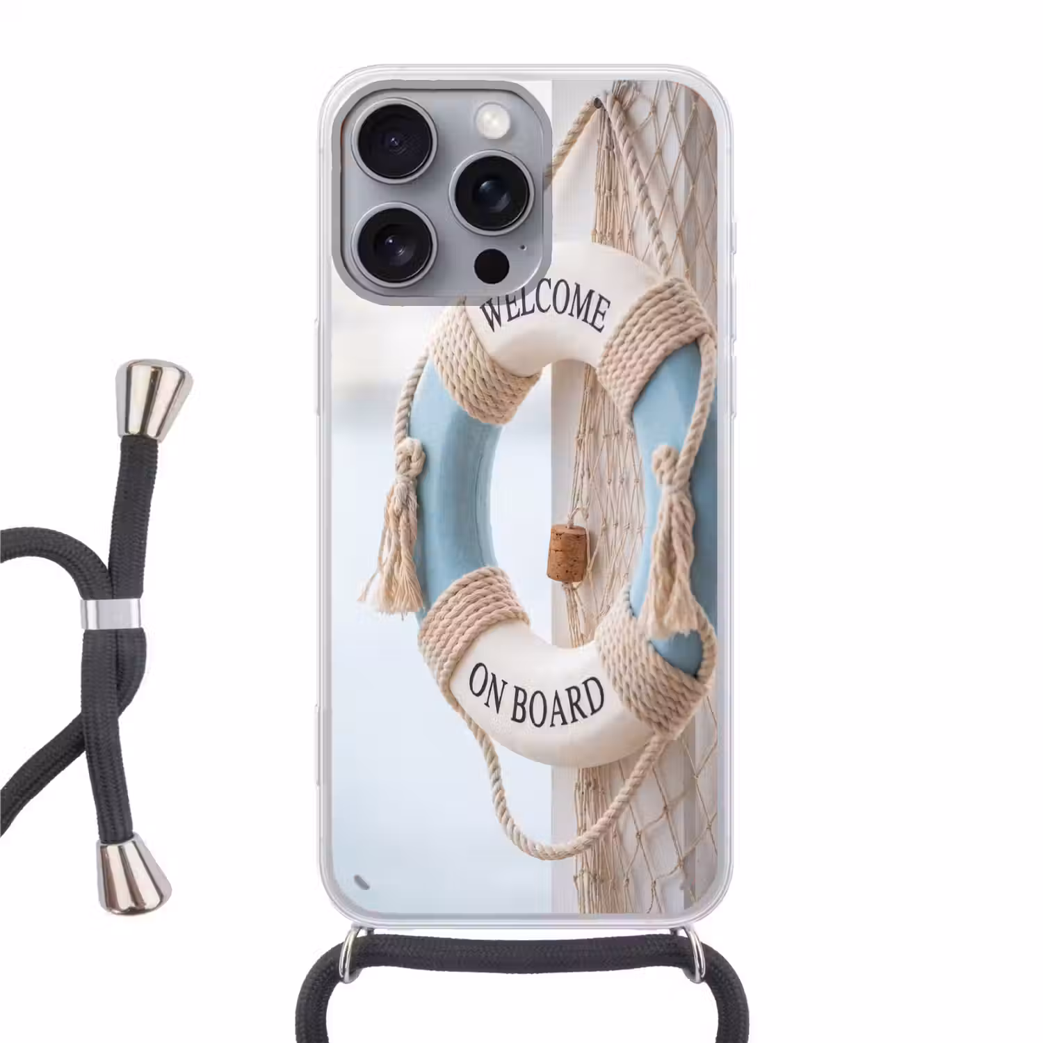 Reddingsboei - Maritiem - Welkom - Blauw - Wit Hoesje iPhone 16 Pro Max met koord klein -3d
