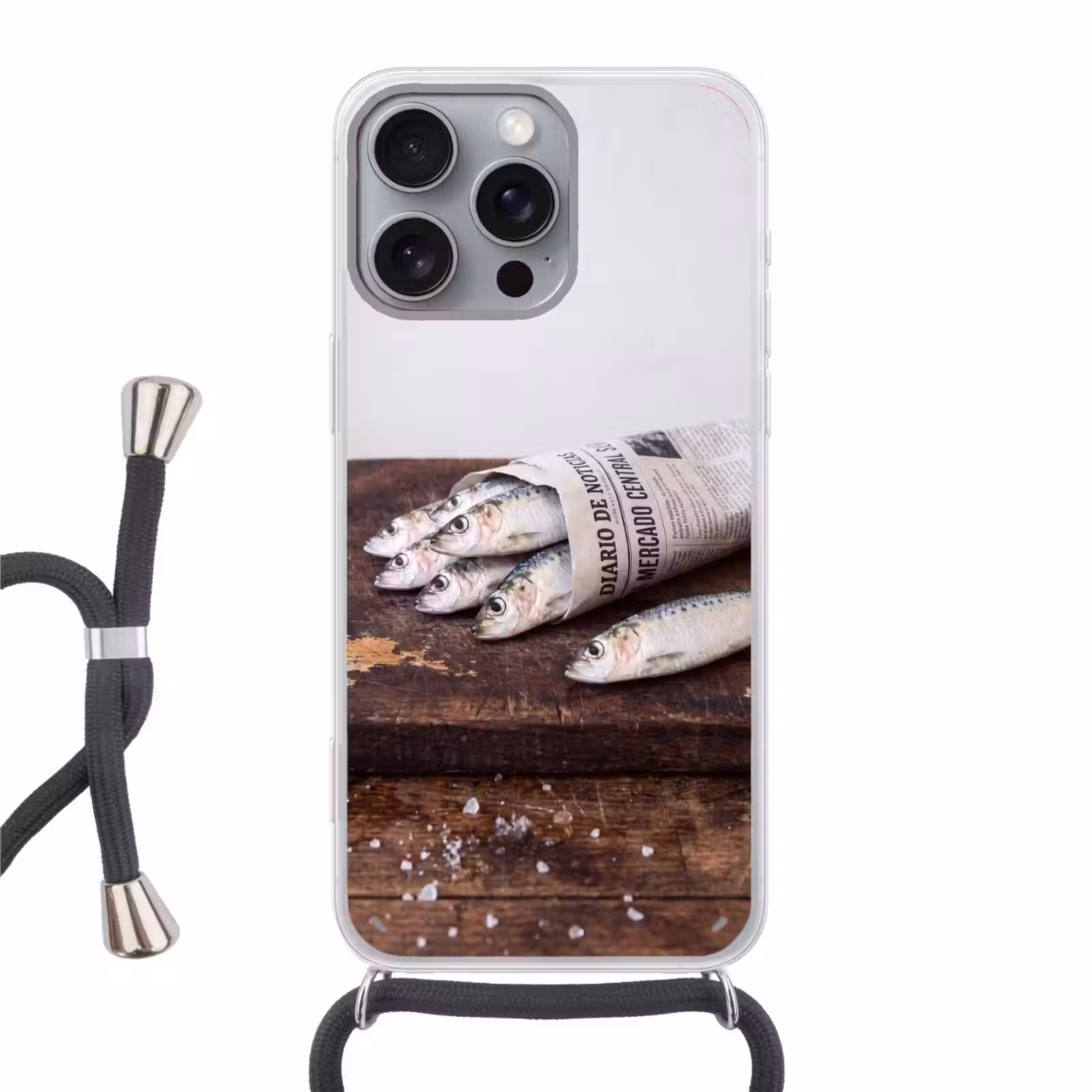Phone case crossbody - Little Sardine - newspaper - cutting board - Sardientje - krant - snijplank Hoesje iPhone 16 Pro Max met koord klein