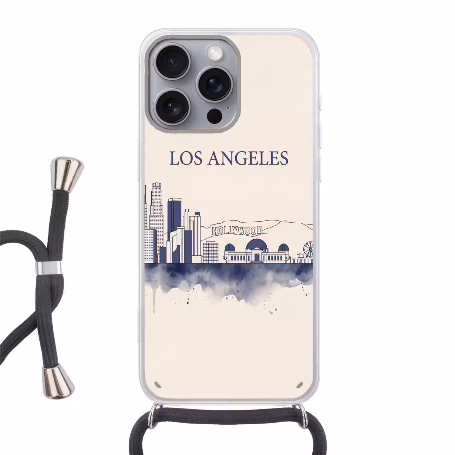 Los Angeles - Skyline - Architectuur - Aquarel - Blauw Hoesje iPhone 16 Pro Max met koord klein -3d