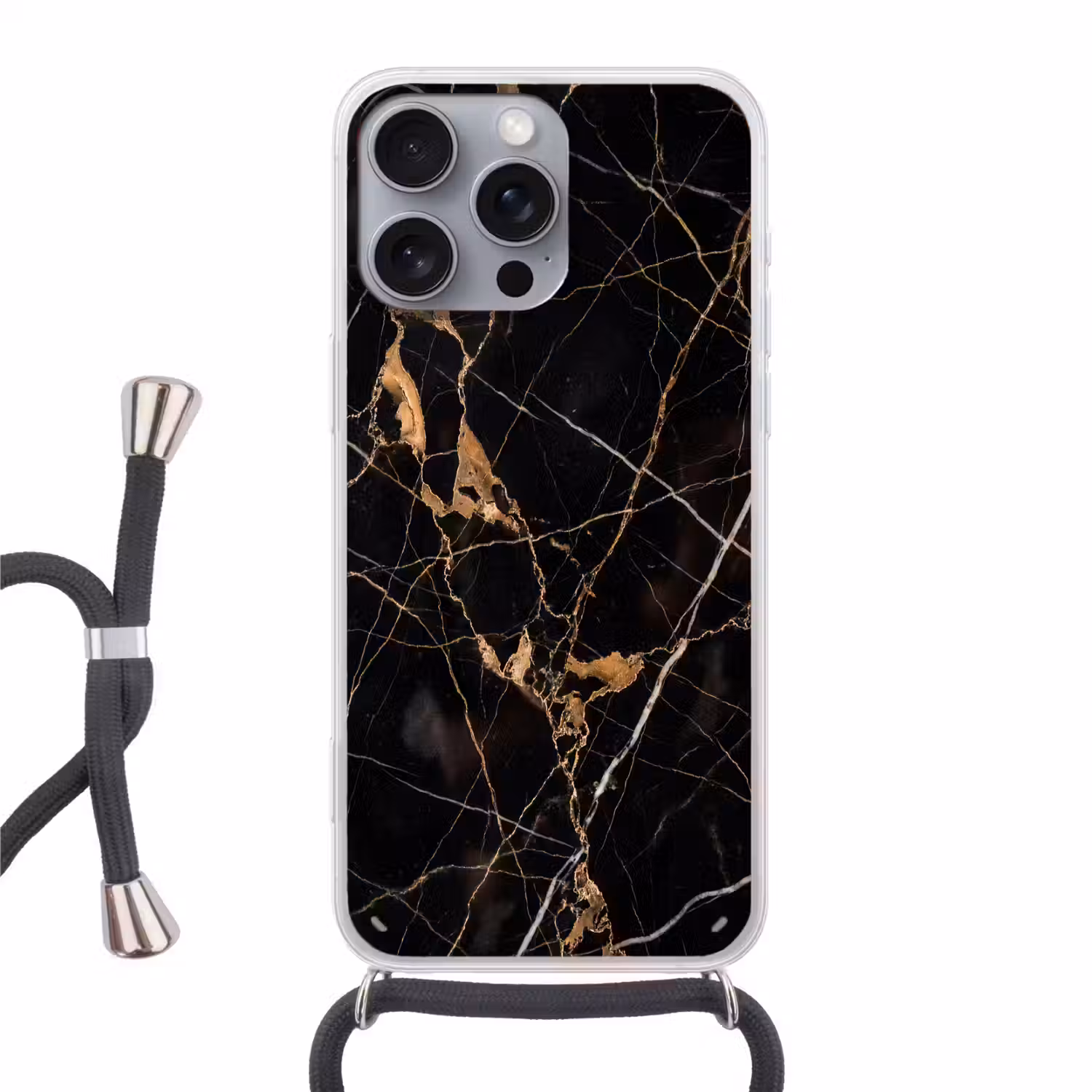Marmer - Goud - Abstract - Zwart Hoesje iPhone 16 Pro Max met koord klein -3d