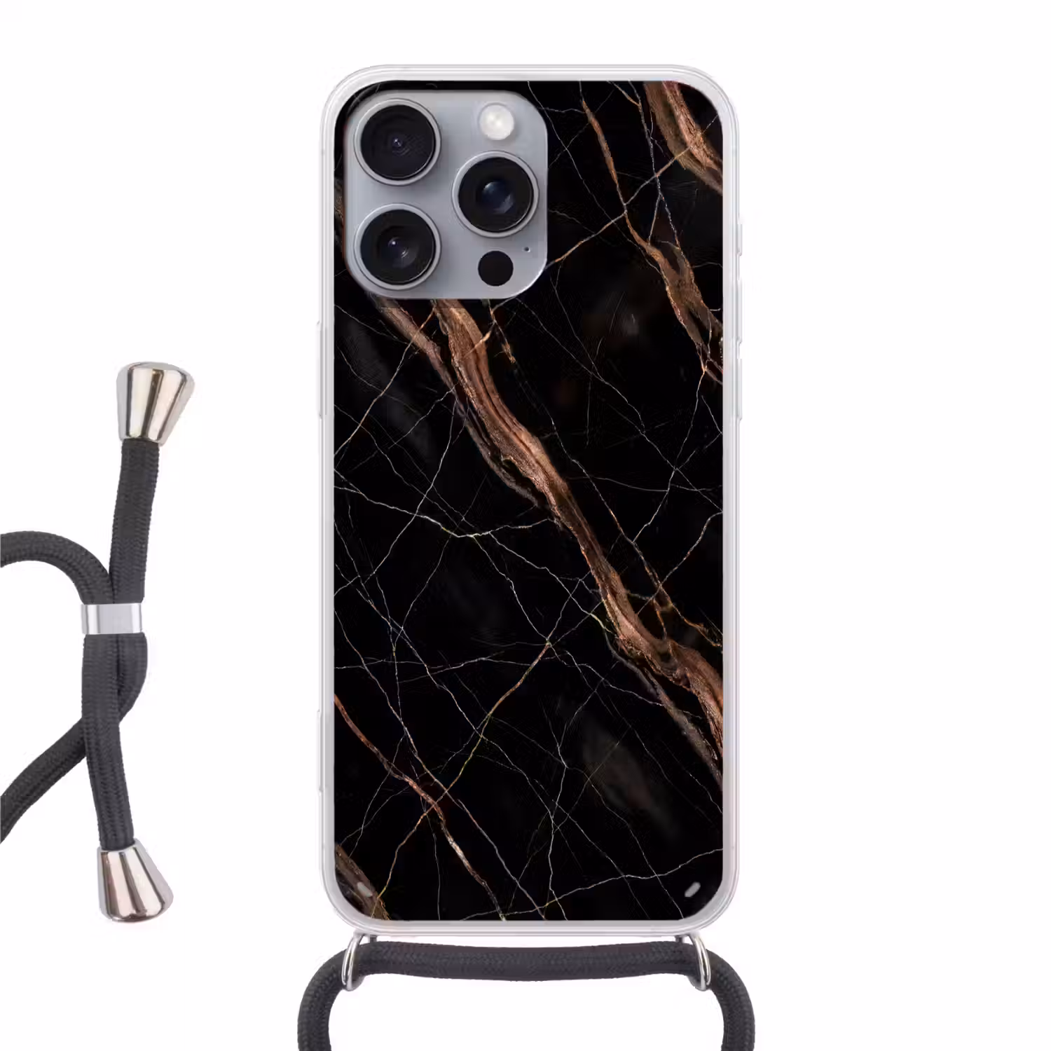 Marmer - Goud - Patroon - Luxe - Zwart Hoesje iPhone 16 Pro Max met koord klein -3d