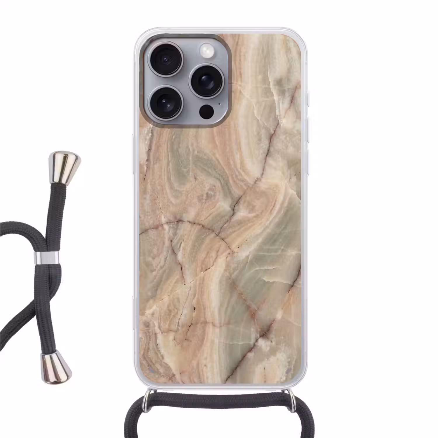 Marmer - Patroon - Abstract - Beige - Groen Hoesje iPhone 16 Pro Max met koord klein -3d