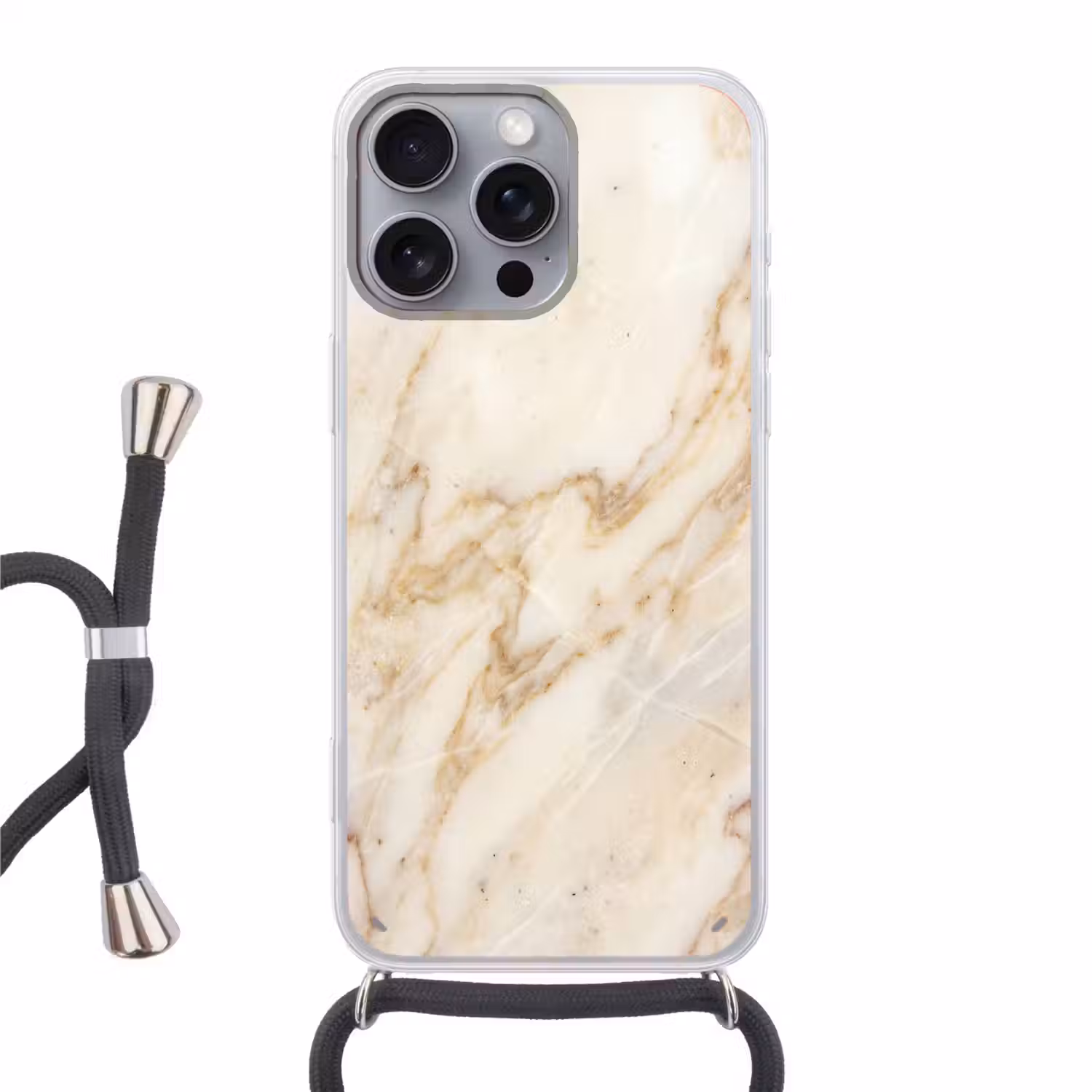 Marmer - Ader - Abstract - Wit - Goud Hoesje iPhone 16 Pro Max met koord klein -3d