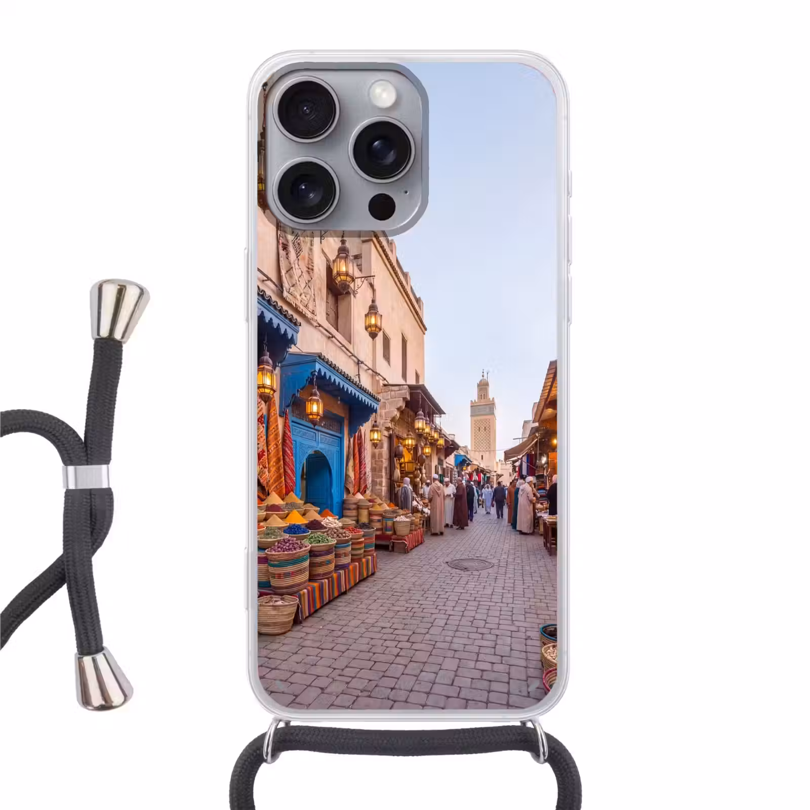 Phone case crossbody - Market - Oriental - Colorful - Markt - Oosters - Kleurrijk Hoesje iPhone 16 Pro Max met koord klein