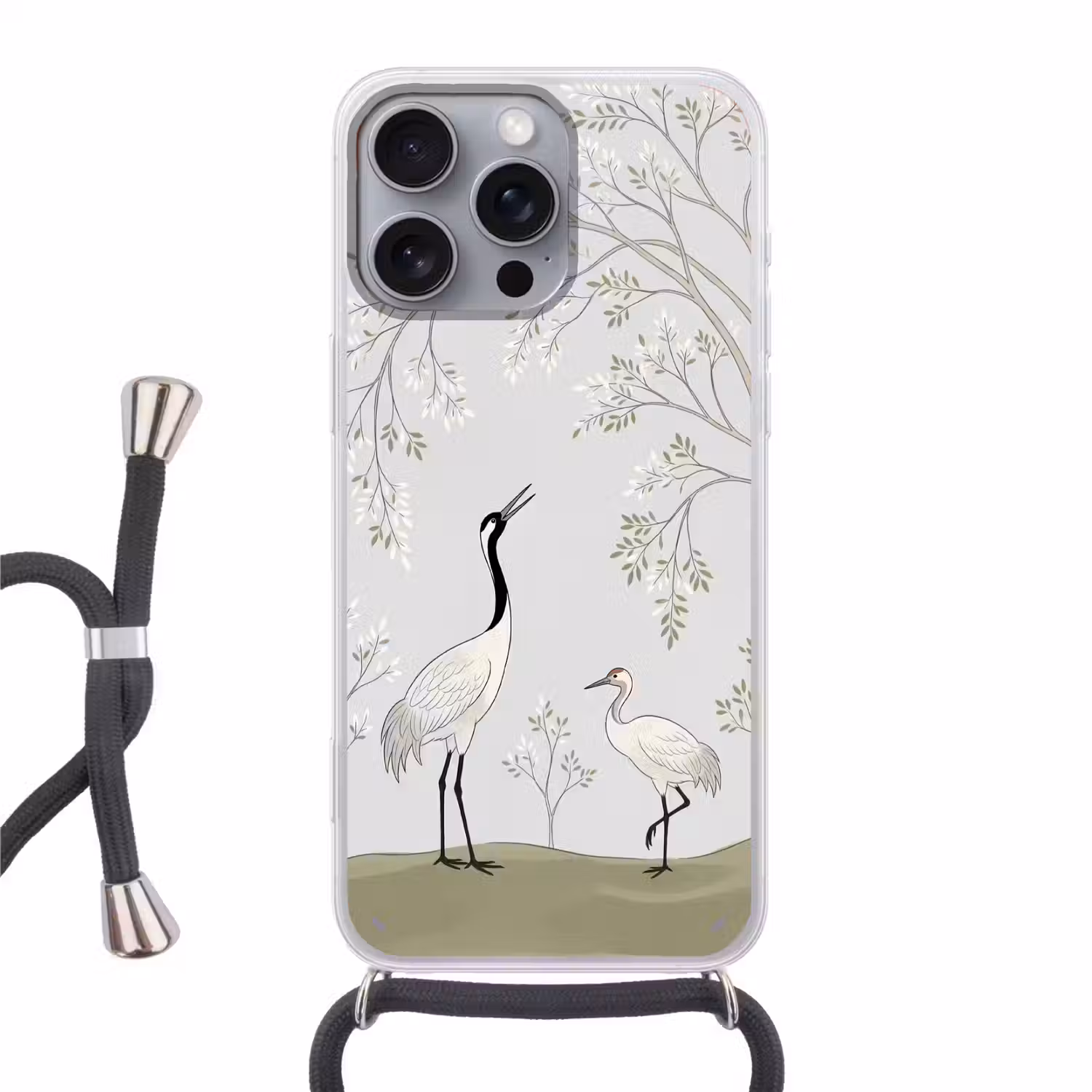 Minimalistisch - Kraanvogels - Blauw Hoesje iPhone 16 Pro Max met koord klein -3d