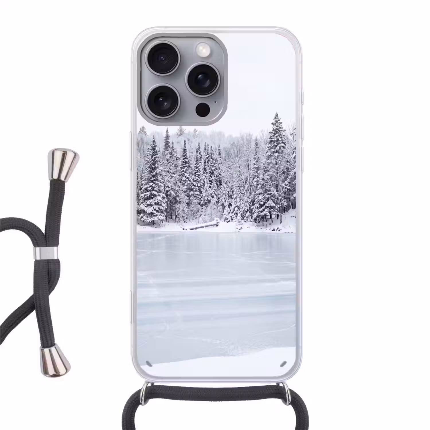 Meer - Dennen - IJs - Winter - Rustgevend Hoesje iPhone 16 Pro Max met koord klein -3d