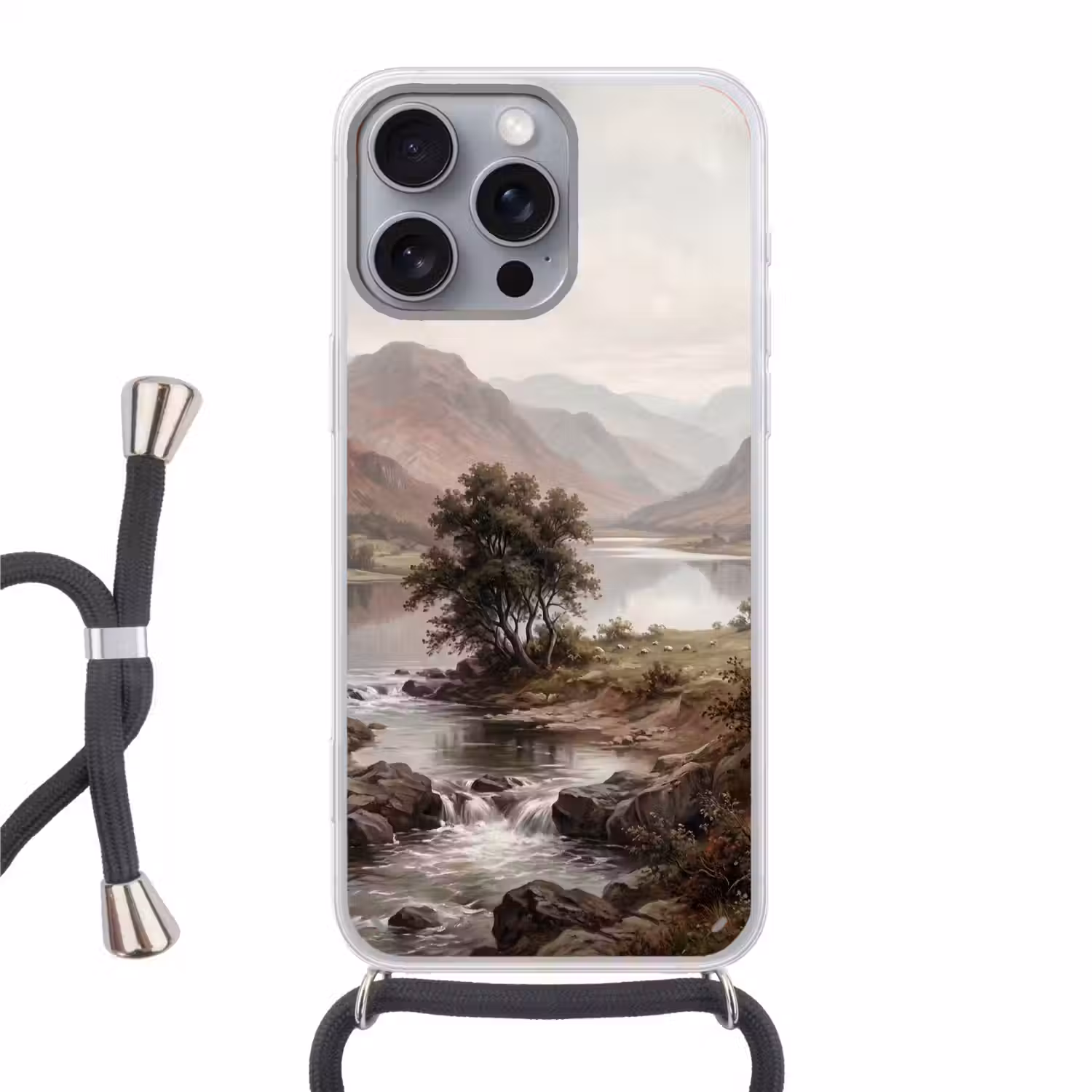 Berglandschap - Meer - Bergen - Vallei - Klassiek Hoesje iPhone 16 Pro Max met koord klein -3d