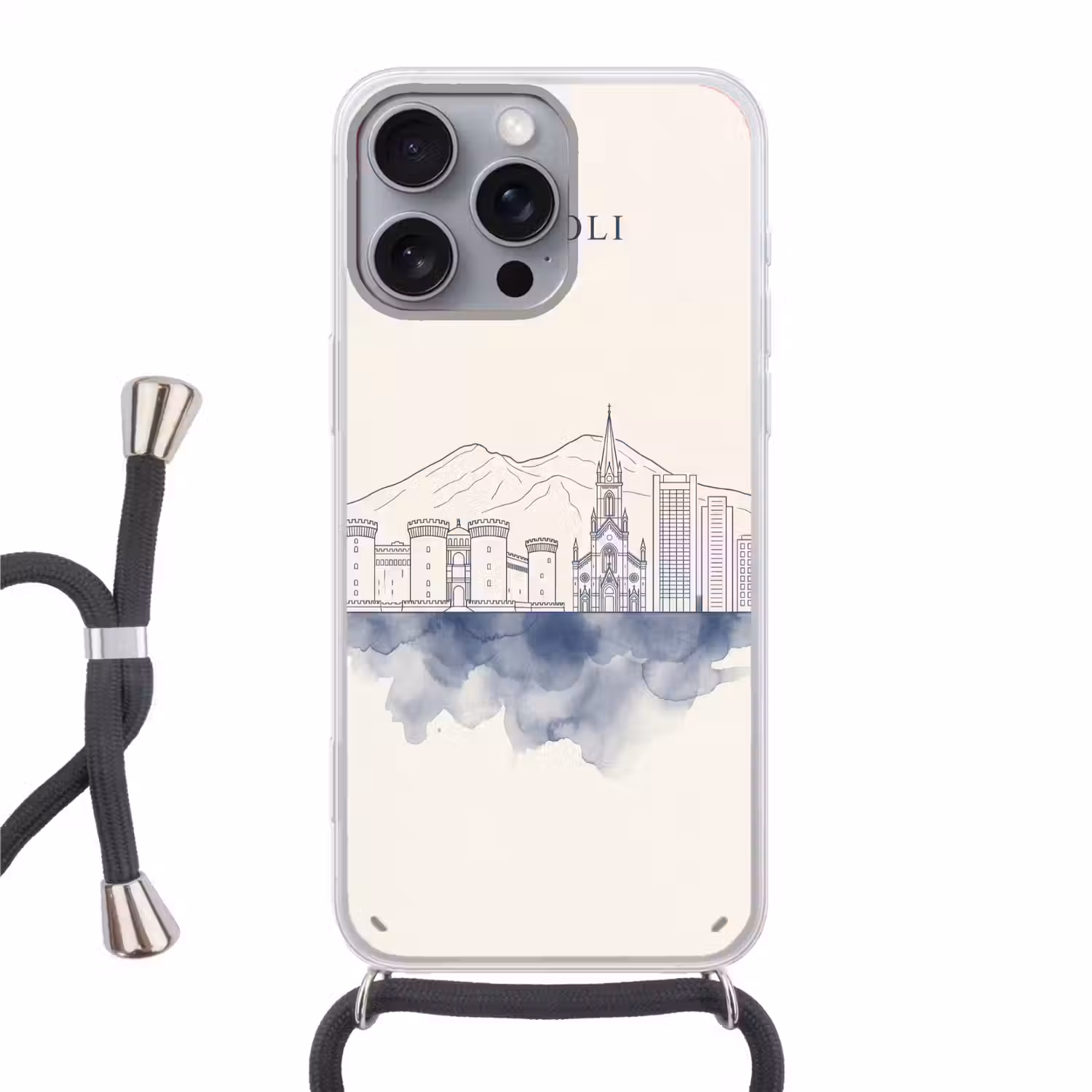 Napels - Skyline - Italie - Lijntekening - Aquarel Hoesje iPhone 16 Pro Max met koord klein -3d