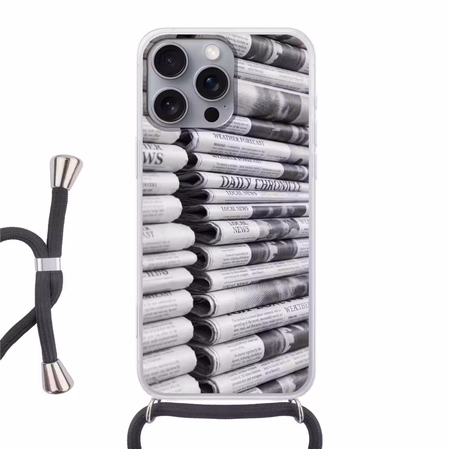 Krant - Stapel - Nieuws - Zwart-wit - Media Hoesje iPhone 16 Pro Max met koord klein -3d