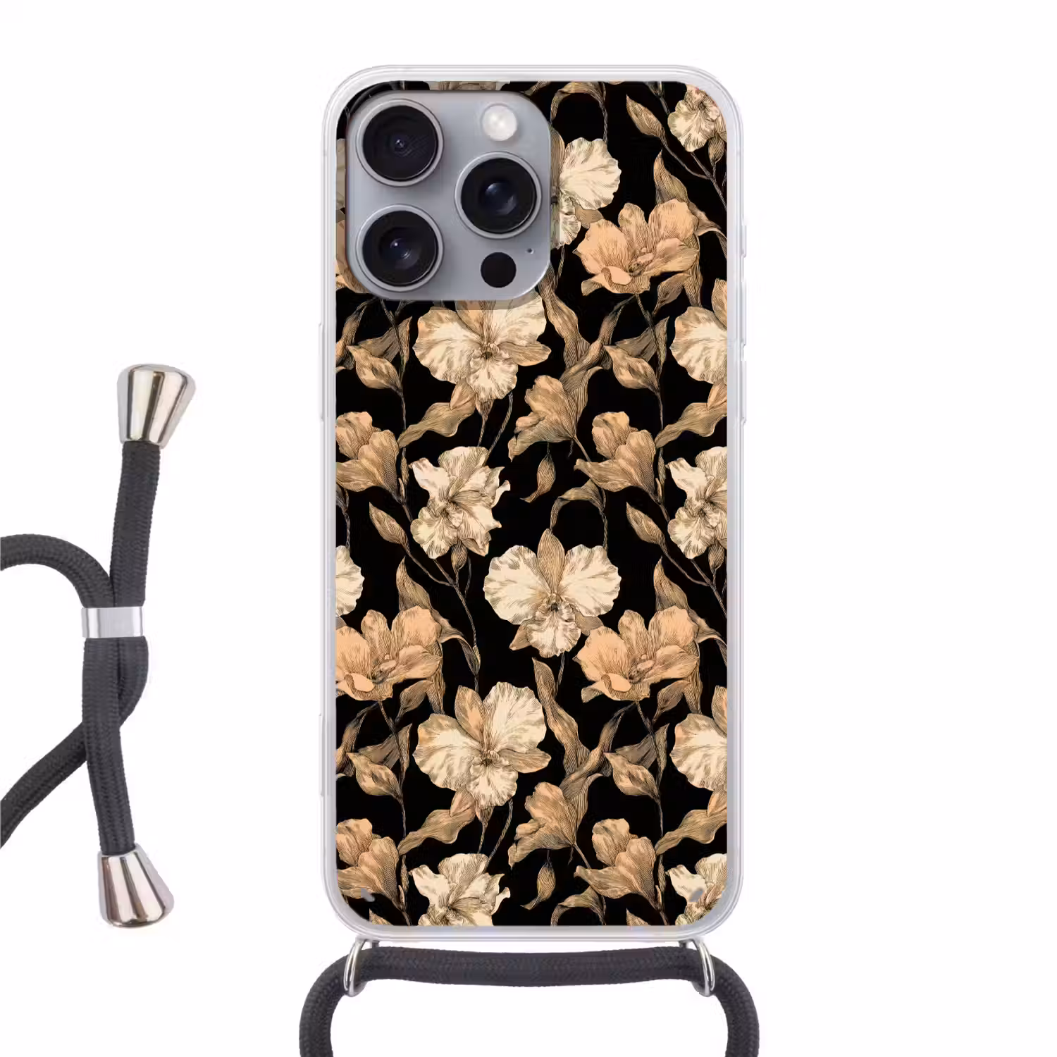 Orchideeën - Lijntekening - Patroon - Beige - Zwart Hoesje iPhone 16 Pro Max met koord klein 804 -3d