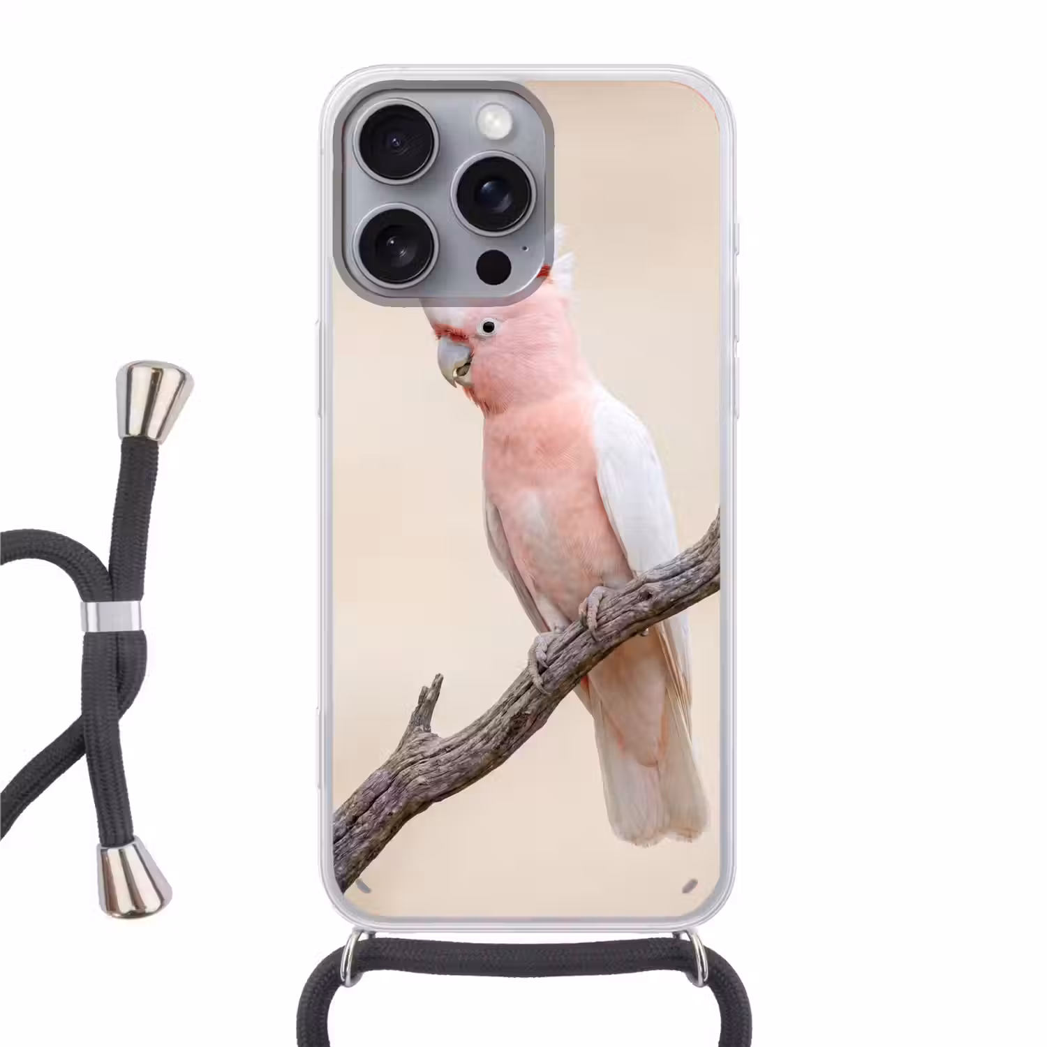 Papagaai - Tak - Roze Hoesje iPhone 16 Pro Max met koord klein -3d