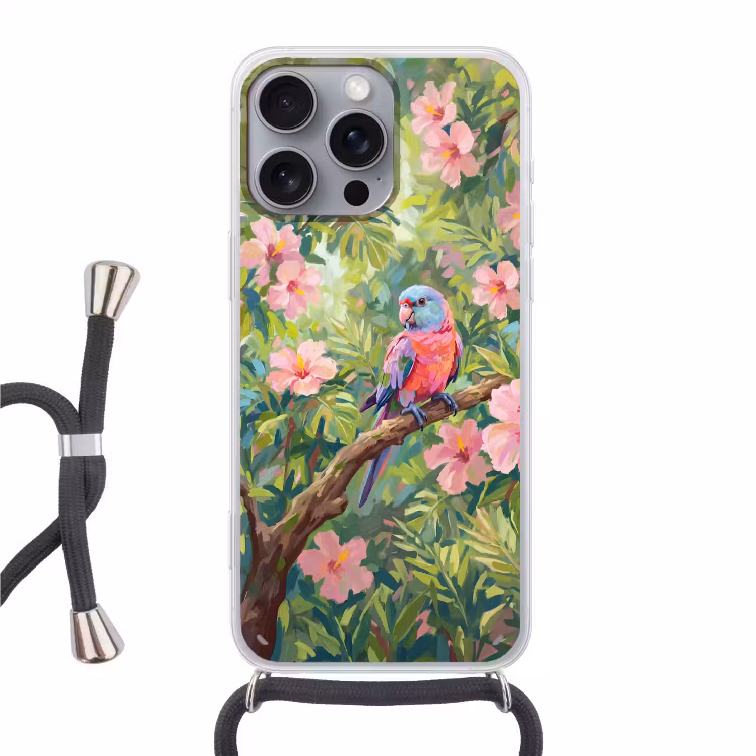 Papagaai - Hibiscusbloemen - Kleurrijk Hoesje iPhone 16 Pro Max met koord klein -3d